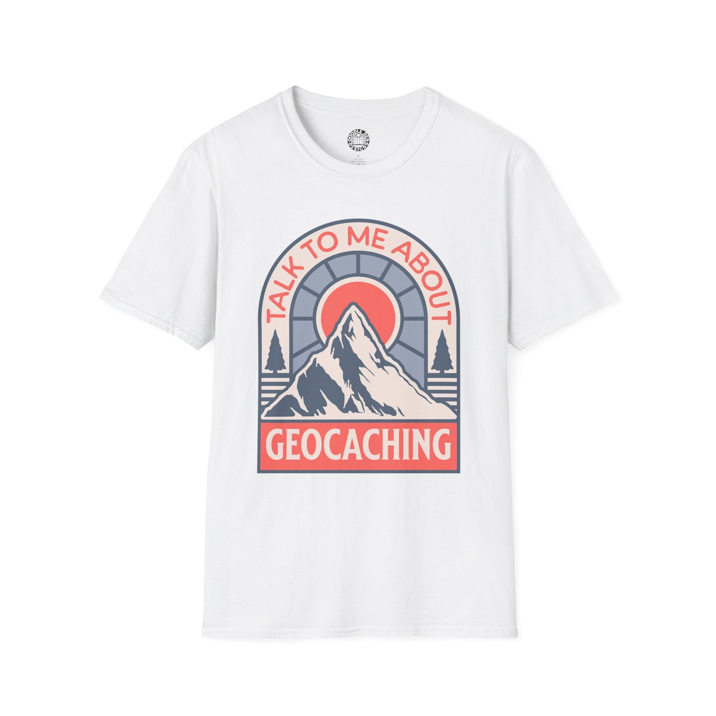 White t-shirt with a mountain graphic and text 'Talk to me about geocaching' on a white background