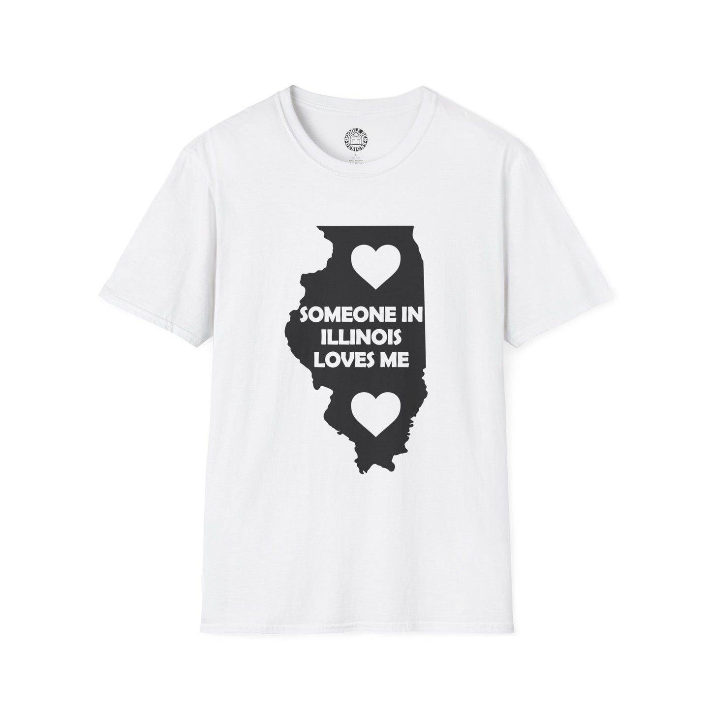 White t-shirt with black graphic of Illinois map and text 'Someone in Illinois loves me' on a white background