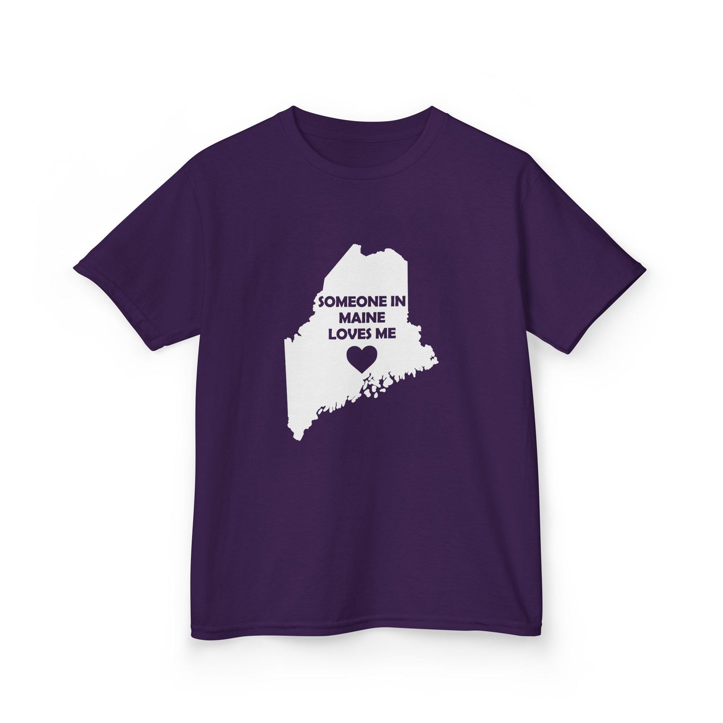 Purple t-shirt with white graphic of Maine map and text on a white background