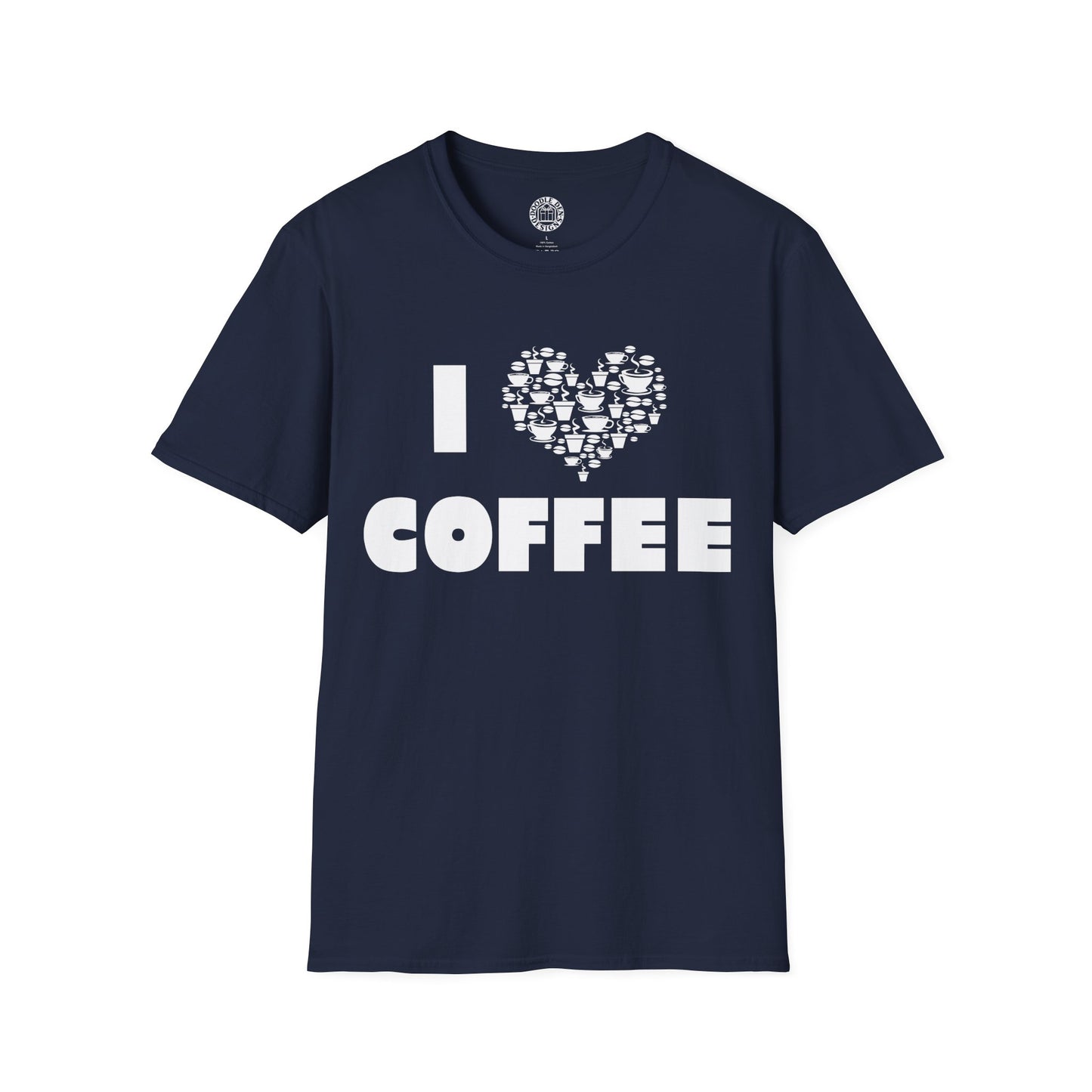 Navy blue t-shirt with 'I ❤️ COFFEE' text on a white background