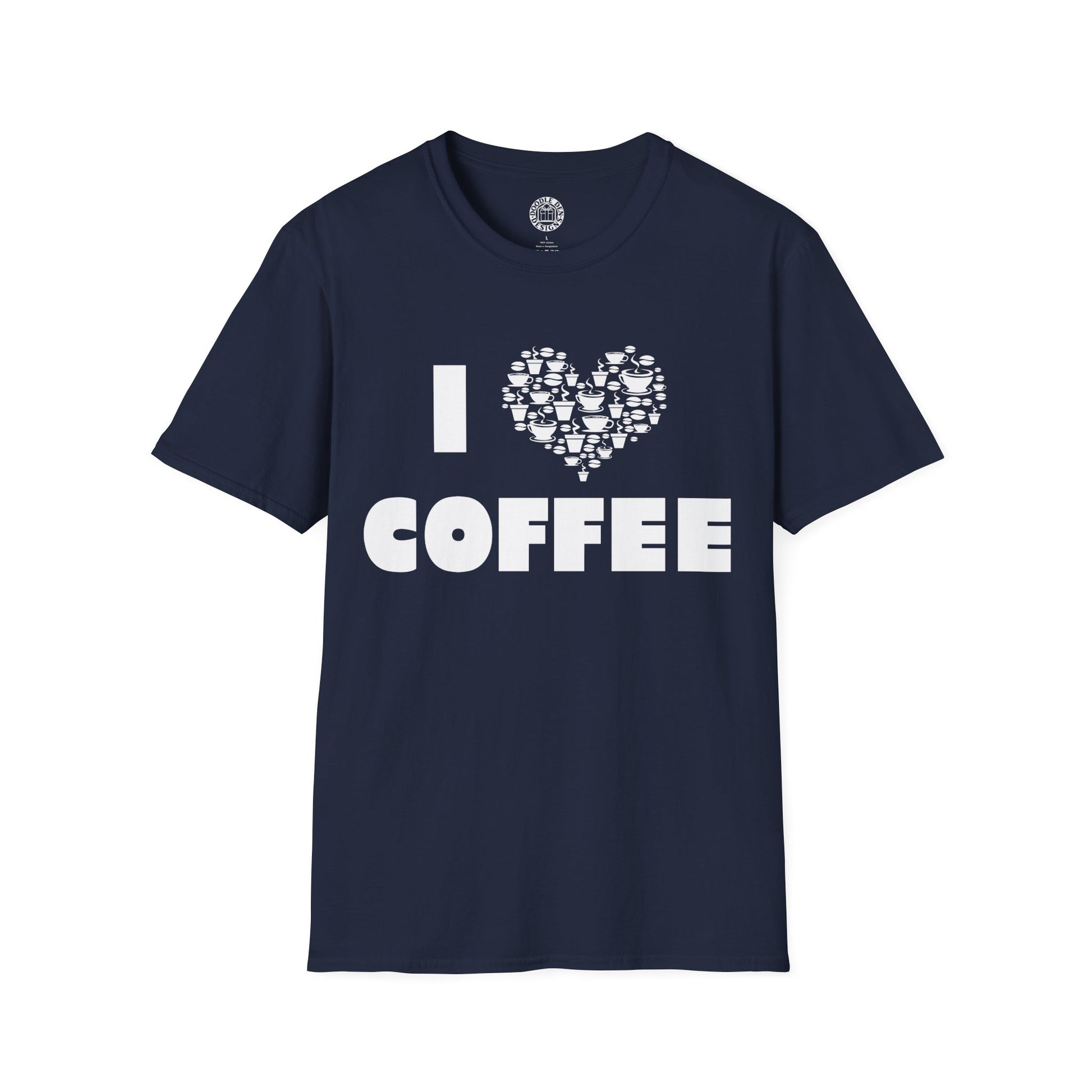 Navy blue t-shirt with 'I ❤️ COFFEE' text on a white background