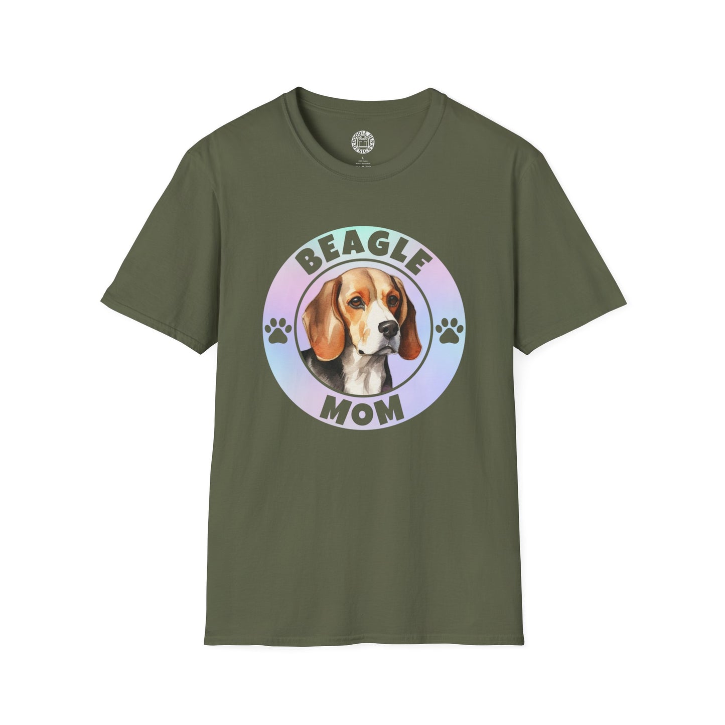 Green t-shirt with a beagle graphic and 'Beagle Mom' text on a white background
