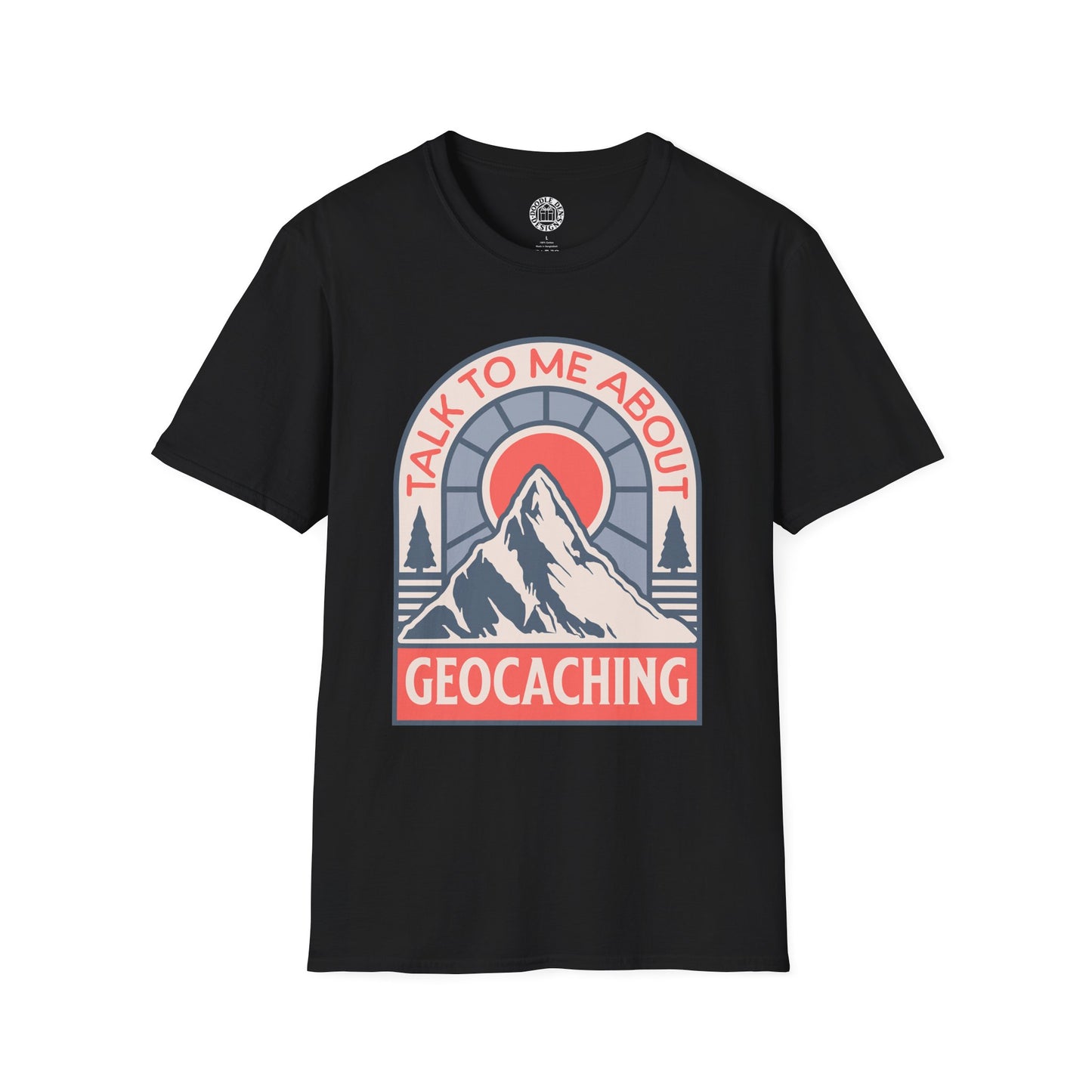 Black t-shirt with a mountain graphic and text 'Talk to me about geocaching' on a white background