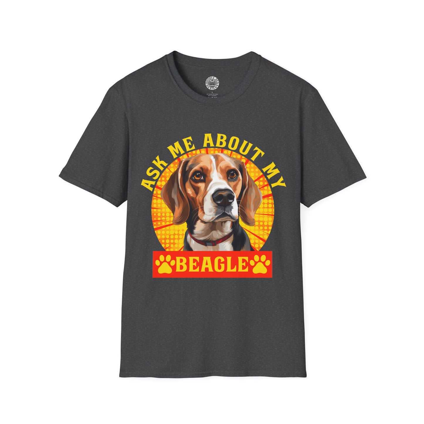 Gray t-shirt with a beagle graphic and text on a white background