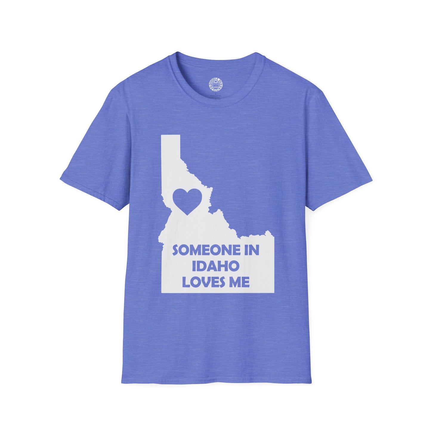 Blue t-shirt with Idaho map and heart design on a white background