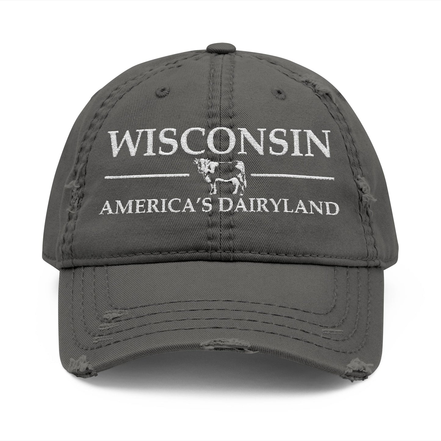 Gray cap with 'Wisconsin America's Dairyland' text and cow logo  embroidered in white thread