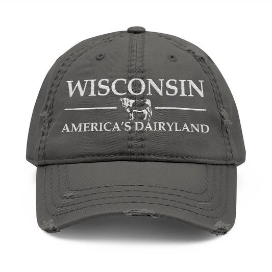 Gray cap with 'Wisconsin America's Dairyland' text and cow logo  embroidered in white thread