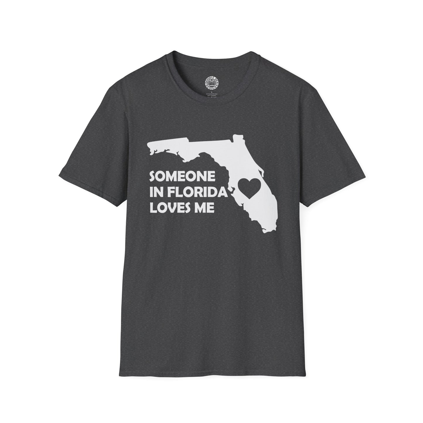 Gray t-shirt with white graphic of Florida and text 'Someone in Florida loves me' on a white background