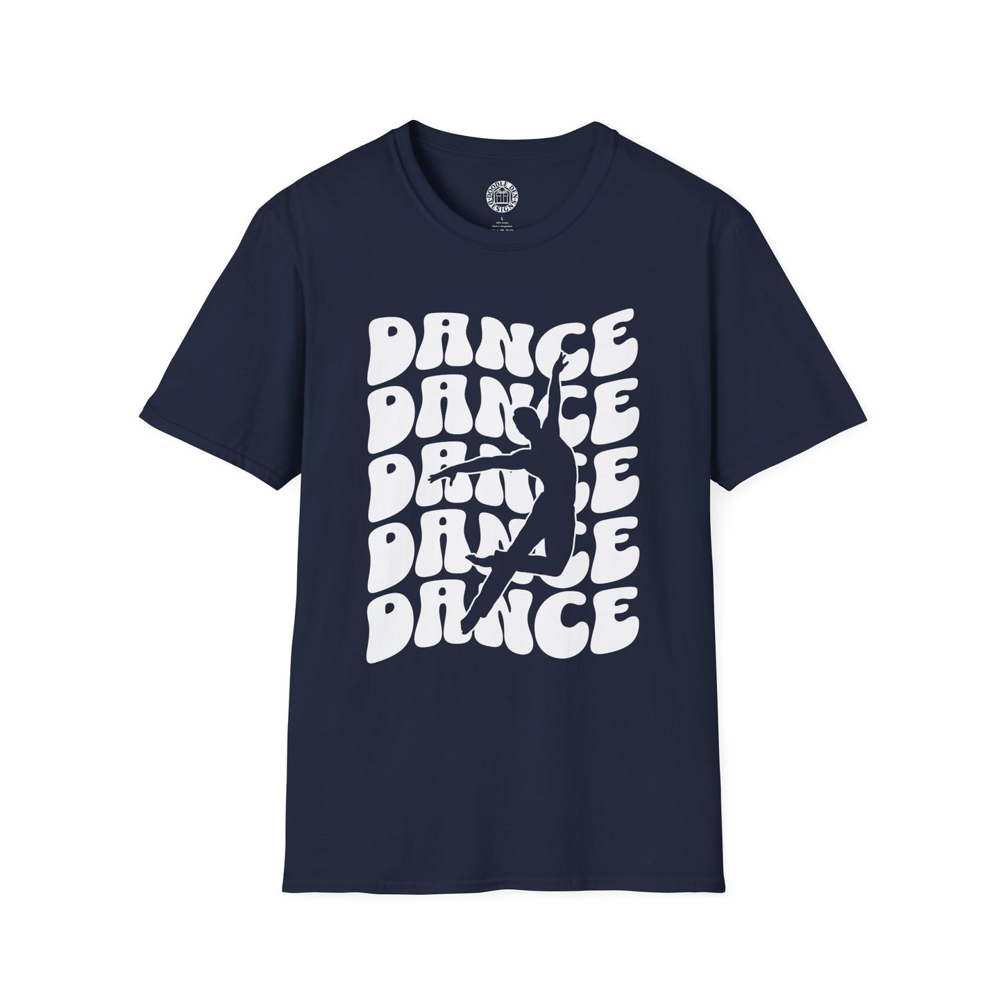 Navy blue t-shirt with white 'DANCE' text and silhouette on a white background