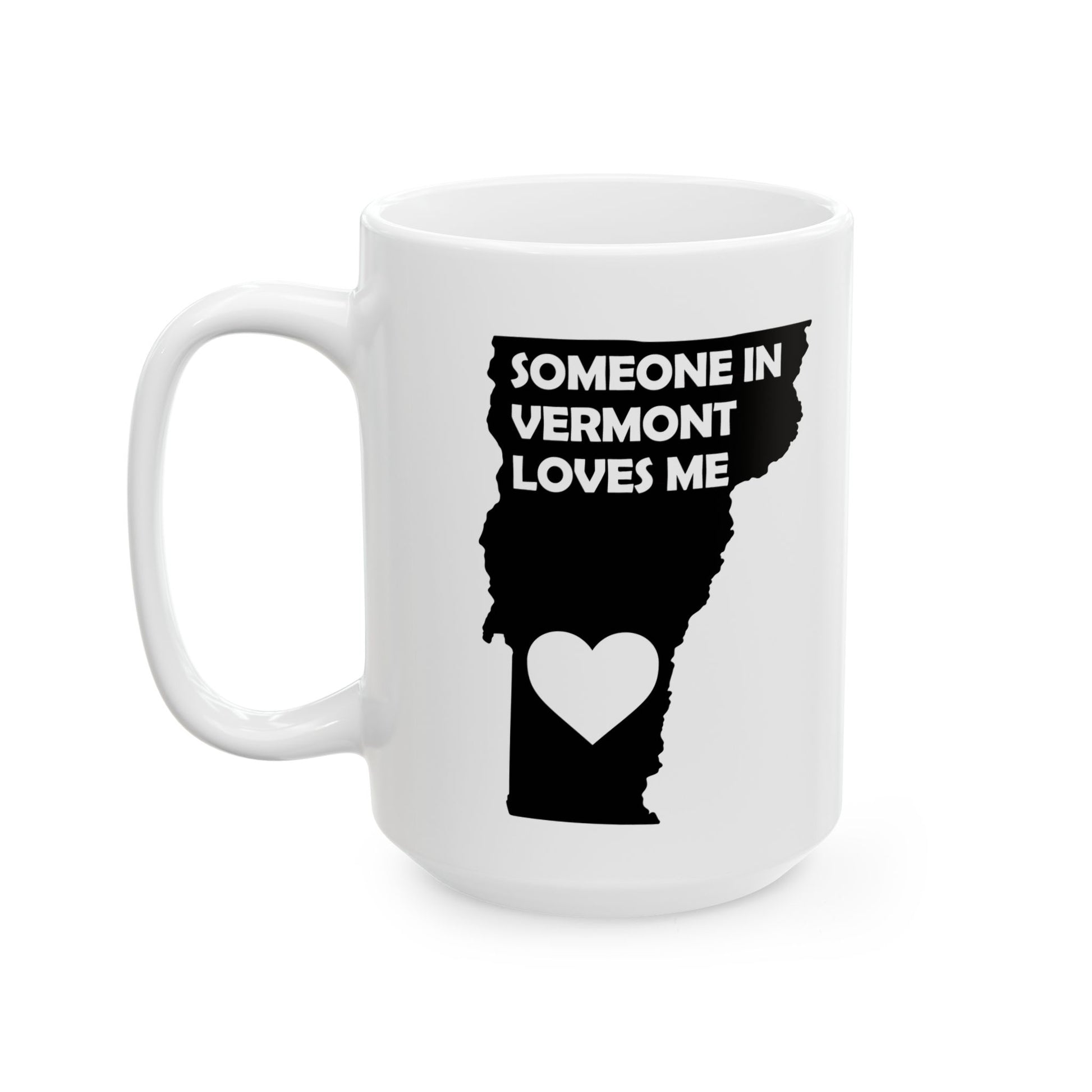 White mug with black Vermont map and heart design on a white background