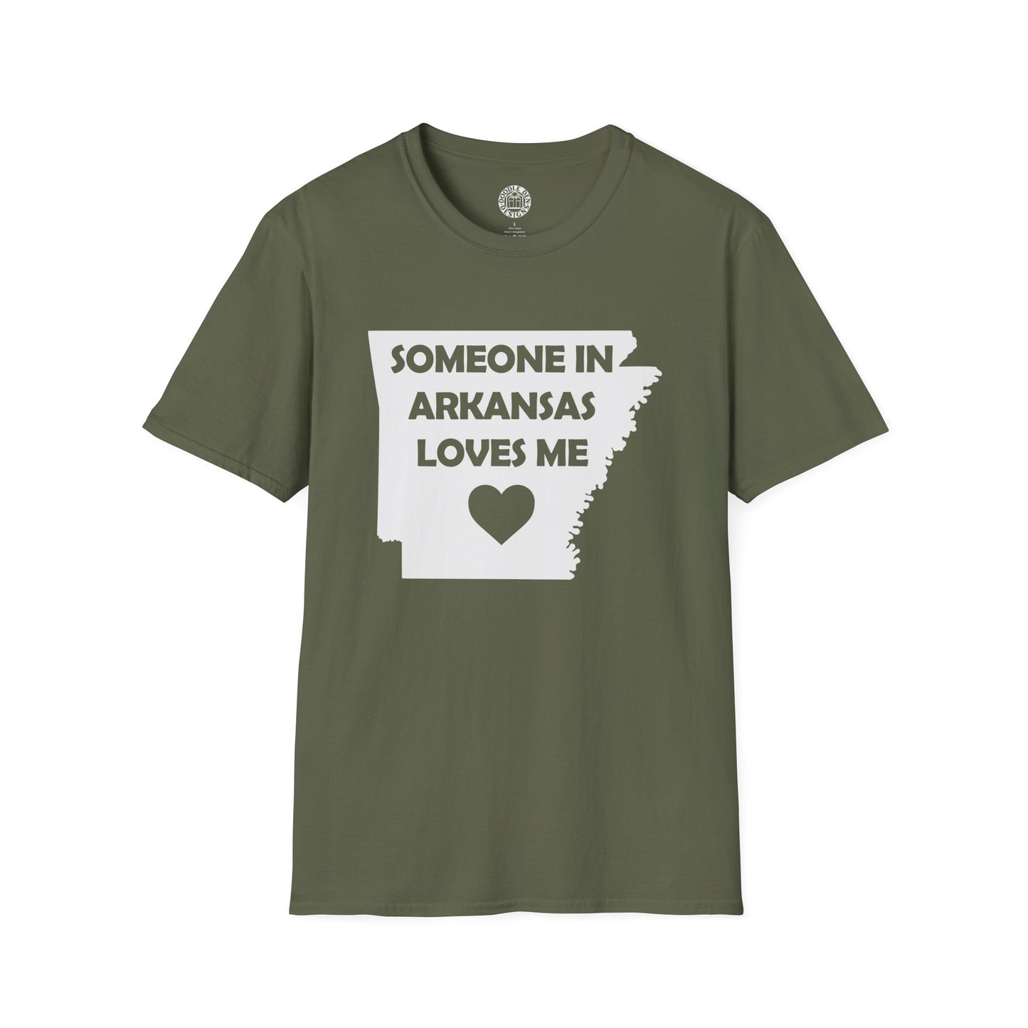 Green t-shirt with 'Someone in Arkansas loves me' text and heart graphic on a white background