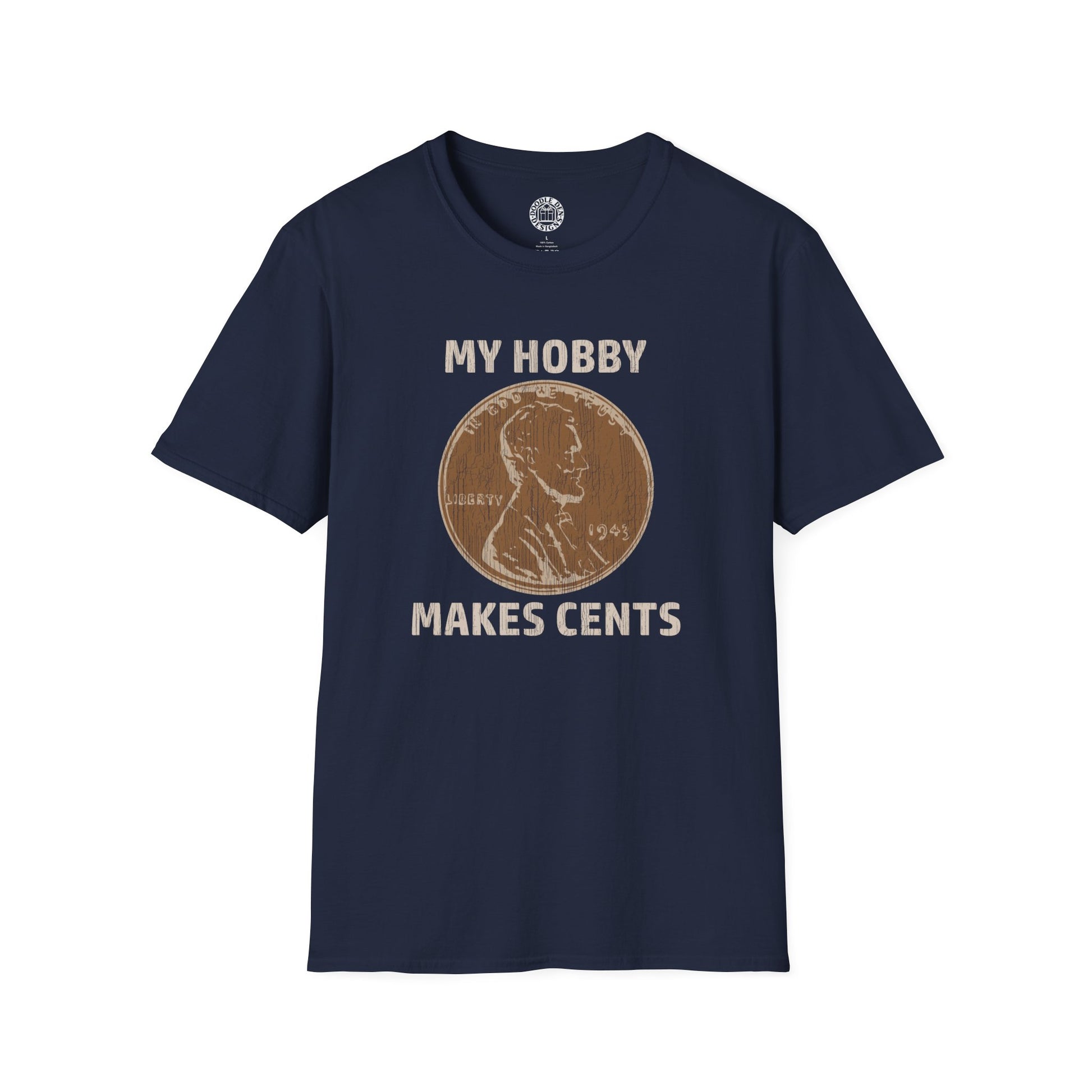 Navy blue t-shirt with a penny graphic and text on a white background for coin collectors
