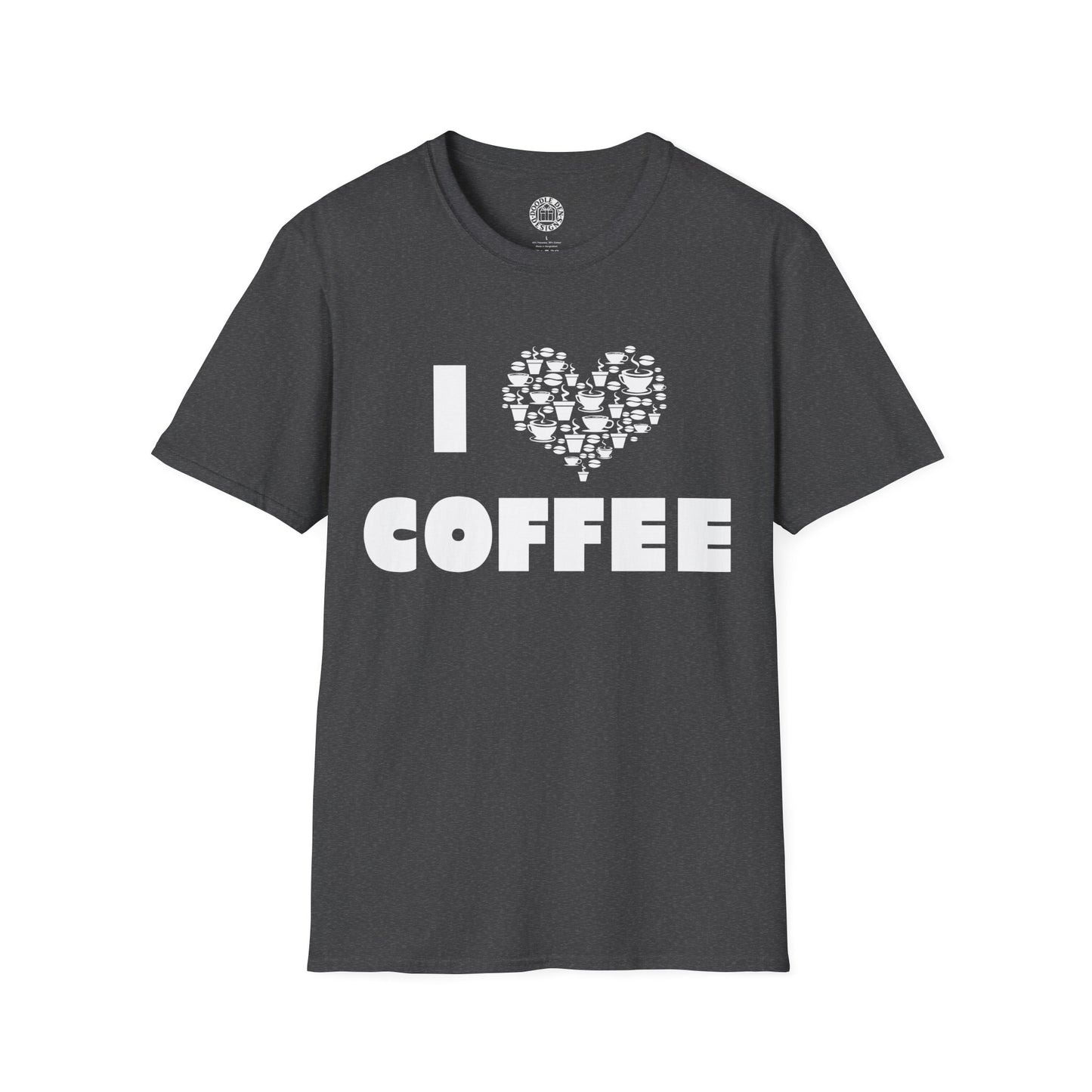Dark gray t-shirt with 'I ❤️ COFFEE' text design on a white background