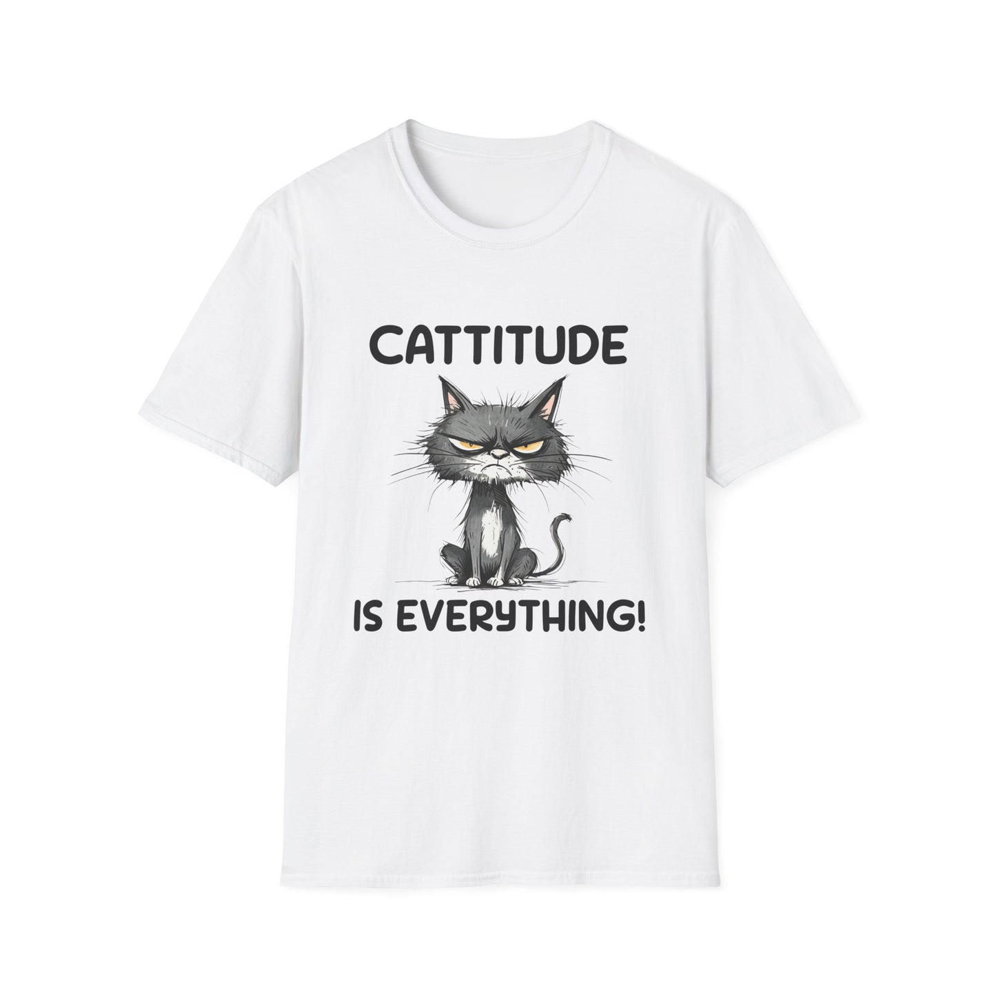 White t-shirt with a cat graphic and text Cattitude Is Everything on a white background