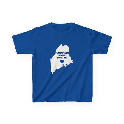 Blue t-shirt with a white map of Maine and text on a white background