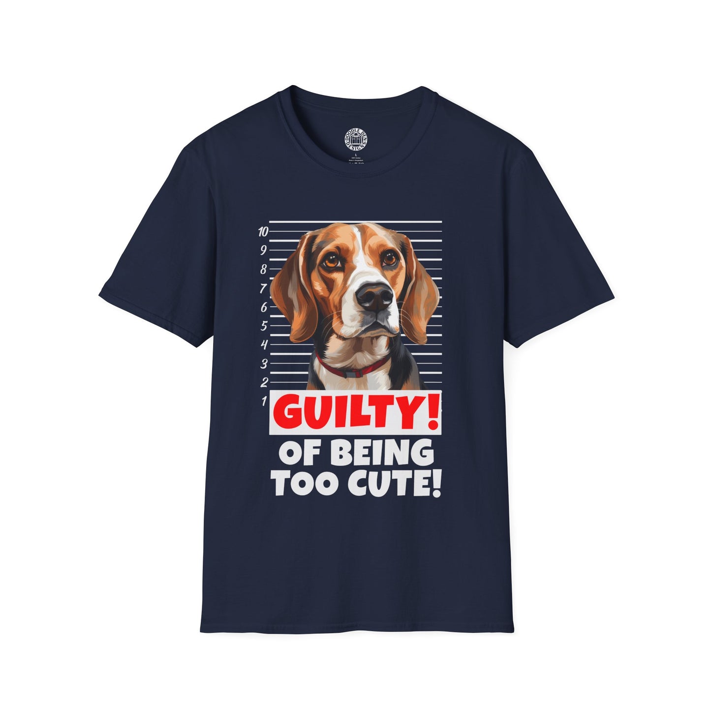 Navy blue t-shirt with a dog graphic and text 'Guilty! Of being too cute!' on a white background