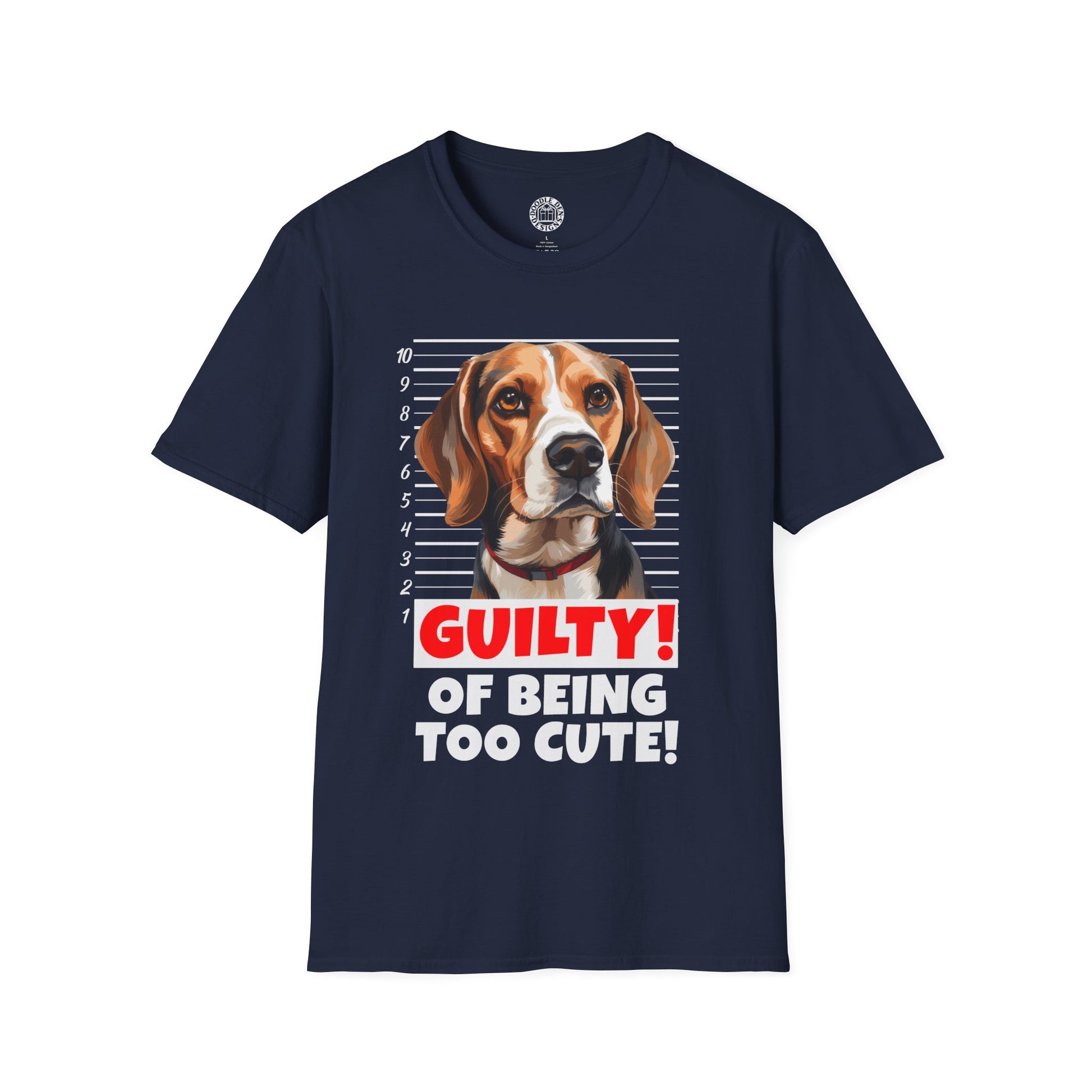 Navy blue t-shirt with a dog graphic and text 'Guilty! Of being too cute!' on a white background