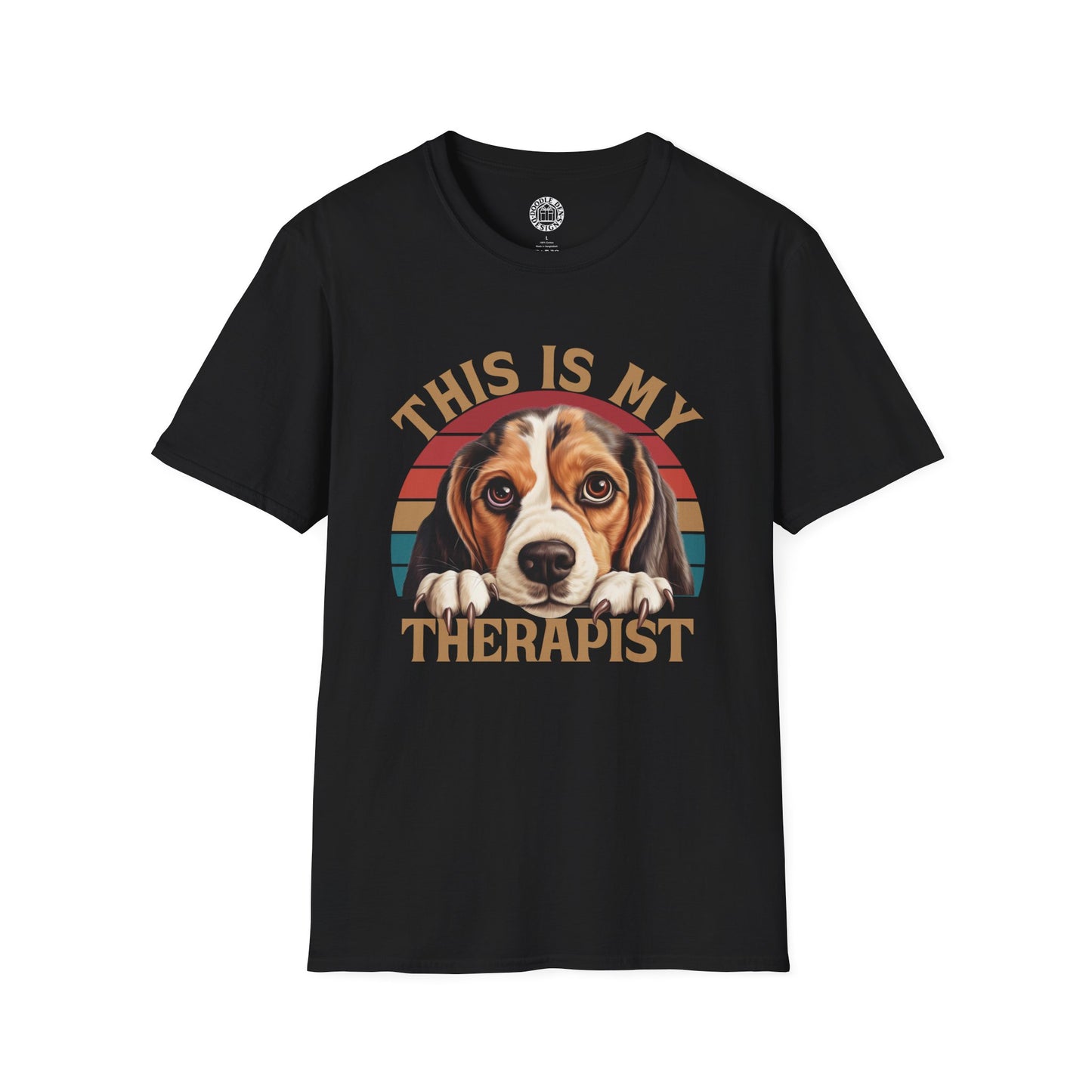 Black t-shirt with a beagle dog graphic and 'This is my therapist' text on a white background