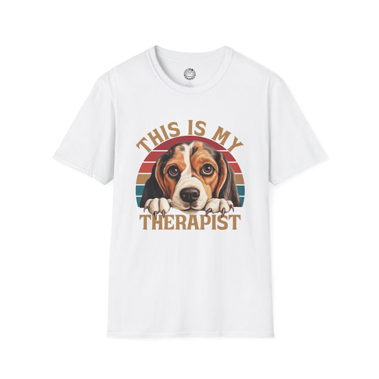 White t-shirt with a beagle dog graphic and 'This is my therapist' text on a white background