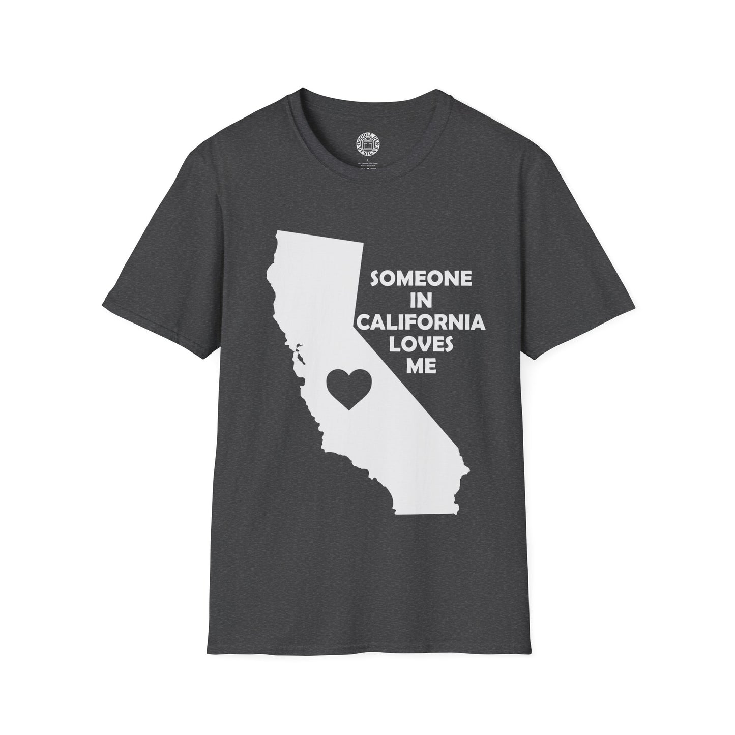 Gray t-shirt with white California map and text on a white background