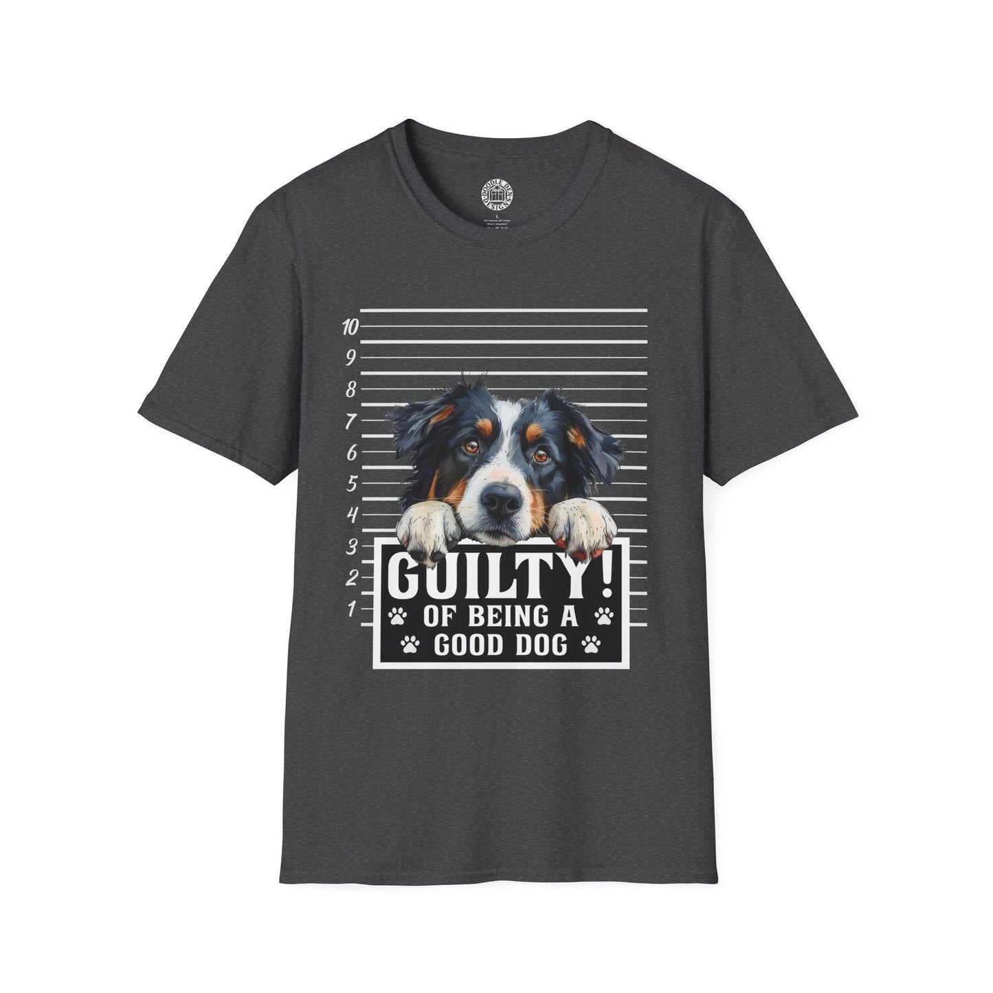 Gray t-shirt with a Australian Shepherd dog graphic and text on a white background