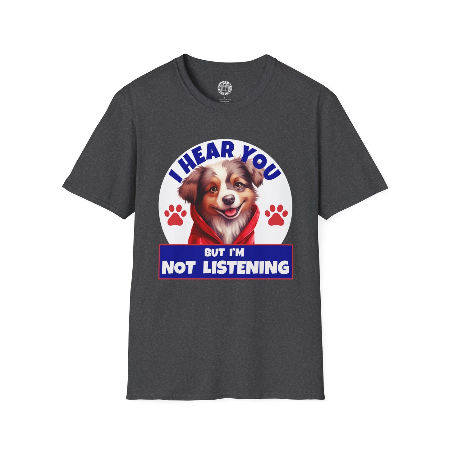 Gray t-shirt with a Australian Shepherd dog graphic and text on a white background