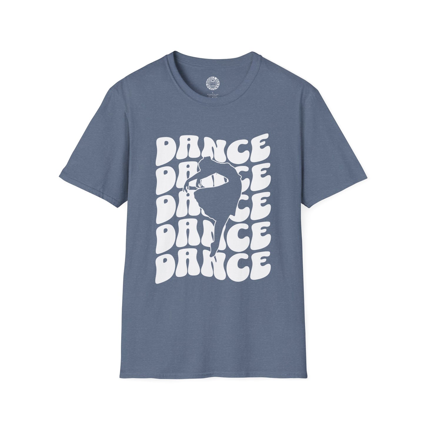 Blue t-shirt with white 'DANCE' text and silhouette graphic on a white background