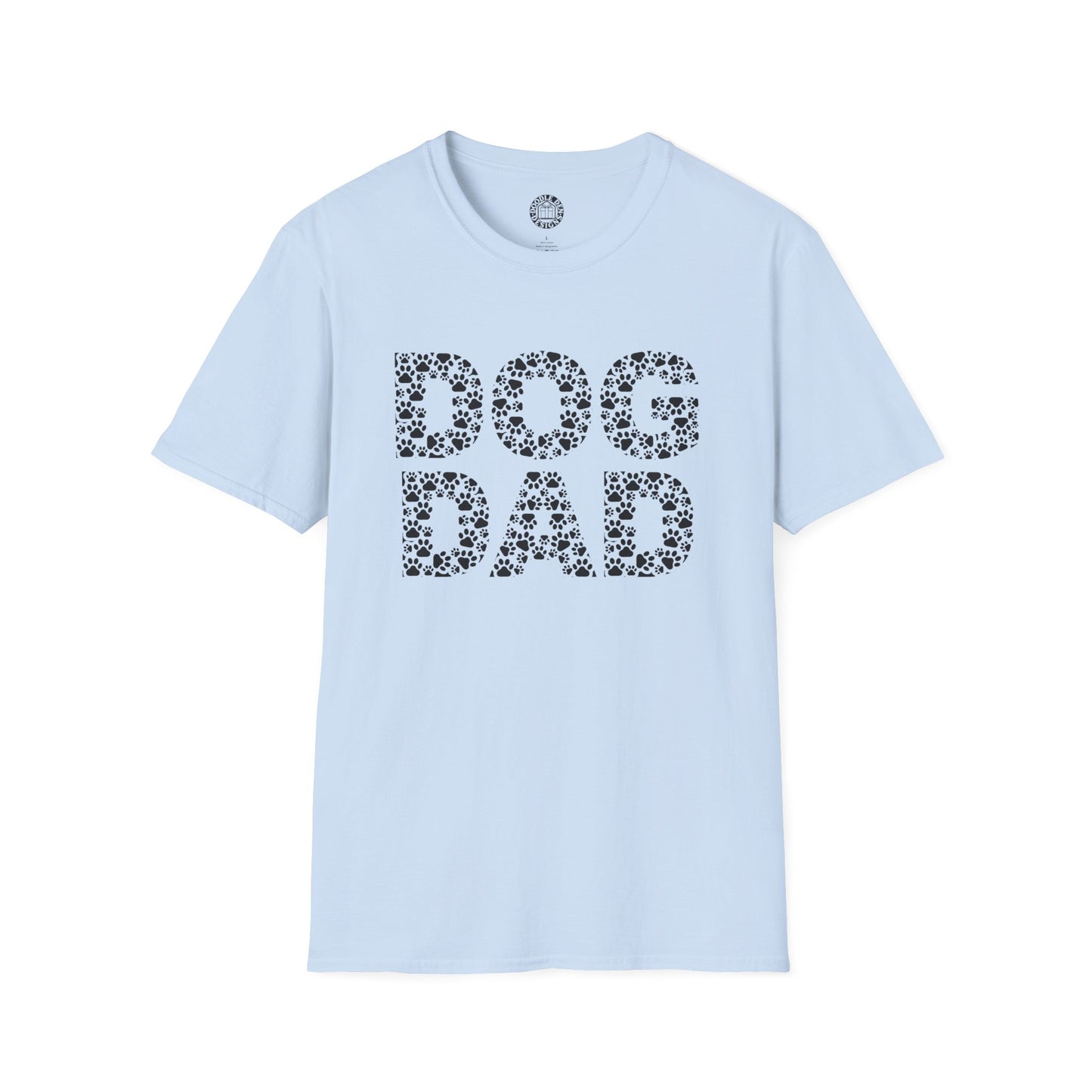 Light blue t-shirt with 'DOG DAD' text on a white background