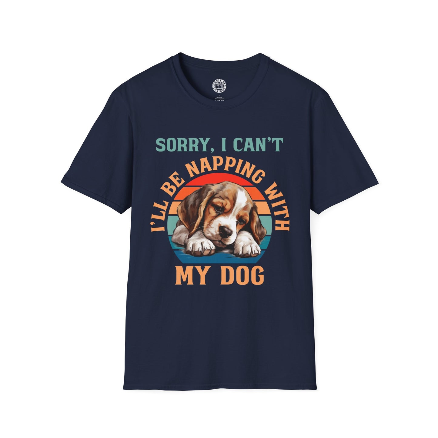 Navy blue t-shirt with a beagle dog graphic and text on a white background