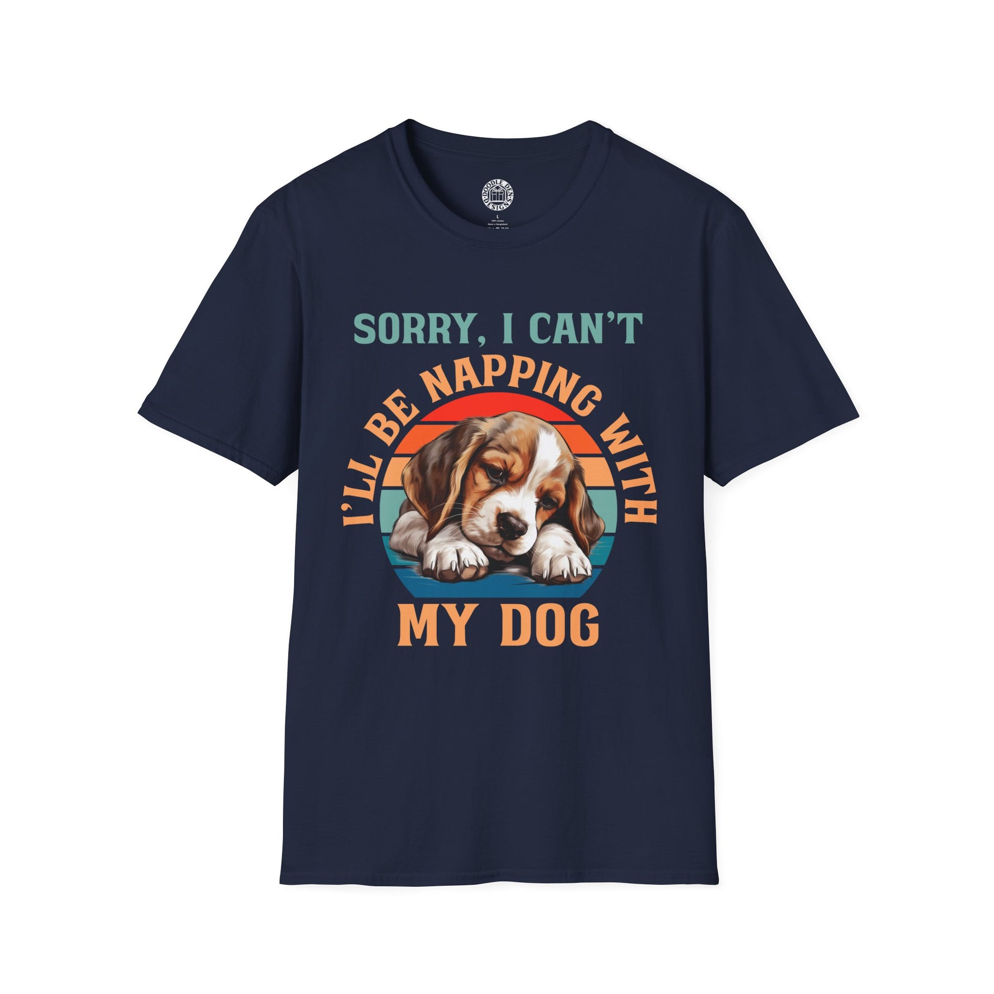 Navy blue t-shirt with a beagle dog graphic and text on a white background