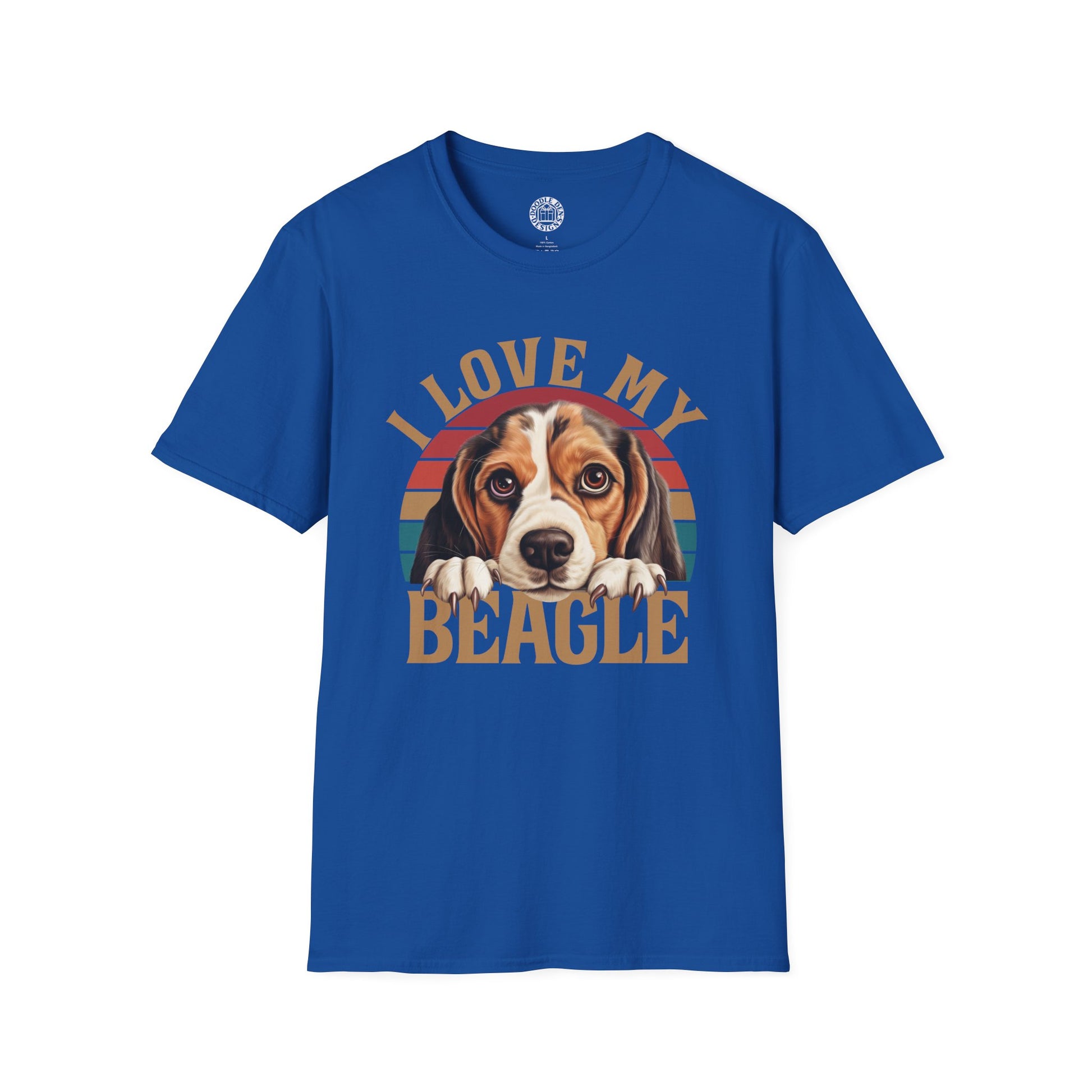 Blue t-shirt with a beagle graphic and 'I Love My Beagle' text on a white background