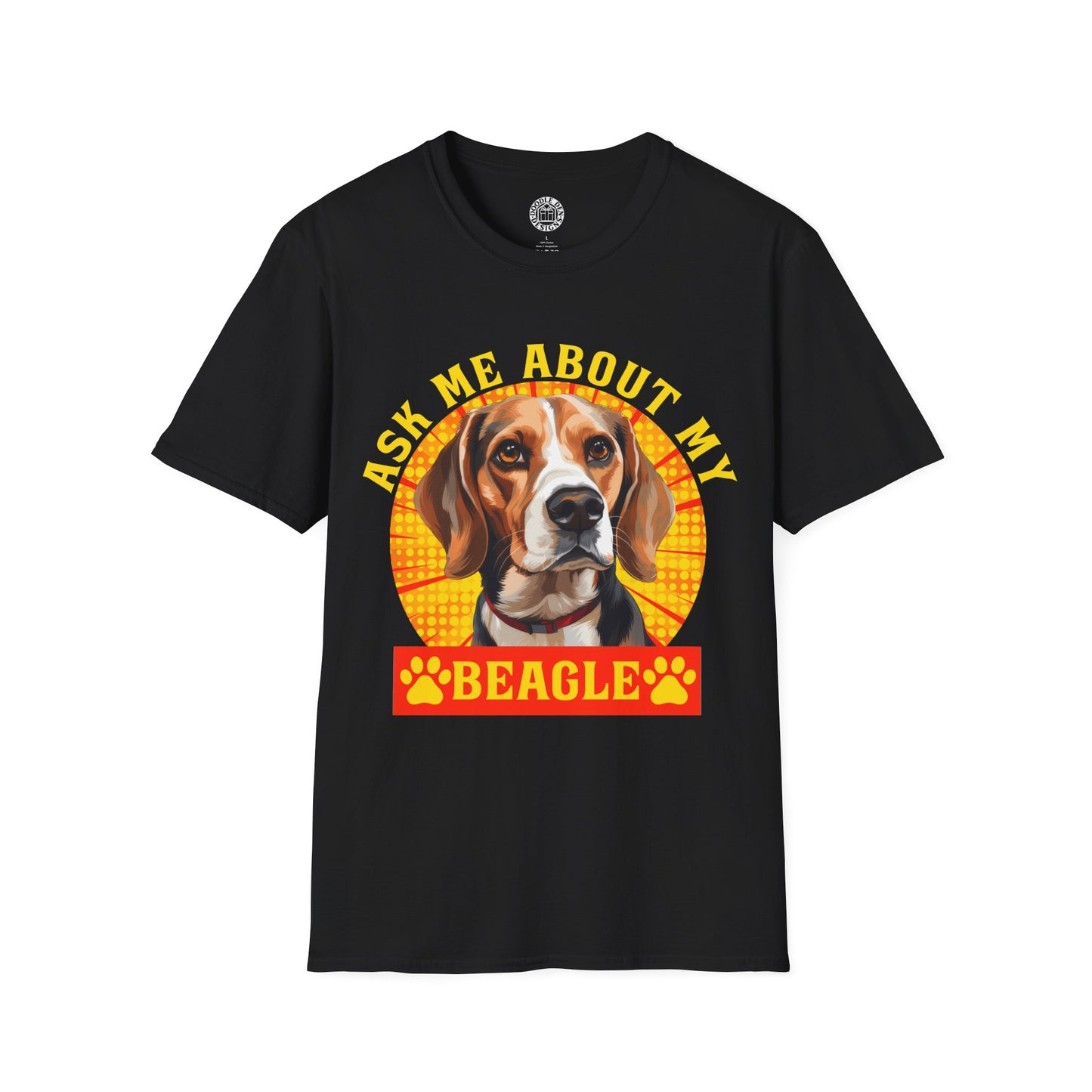 Black t-shirt with a beagle graphic and text on a white background