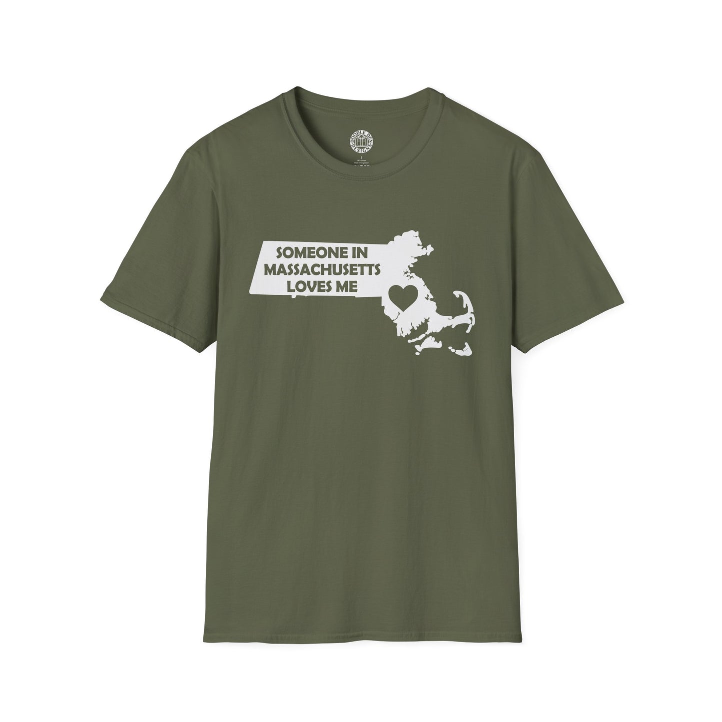 Green t-shirt with a graphic and text 'Someone in Massachusetts loves me' on a white background
