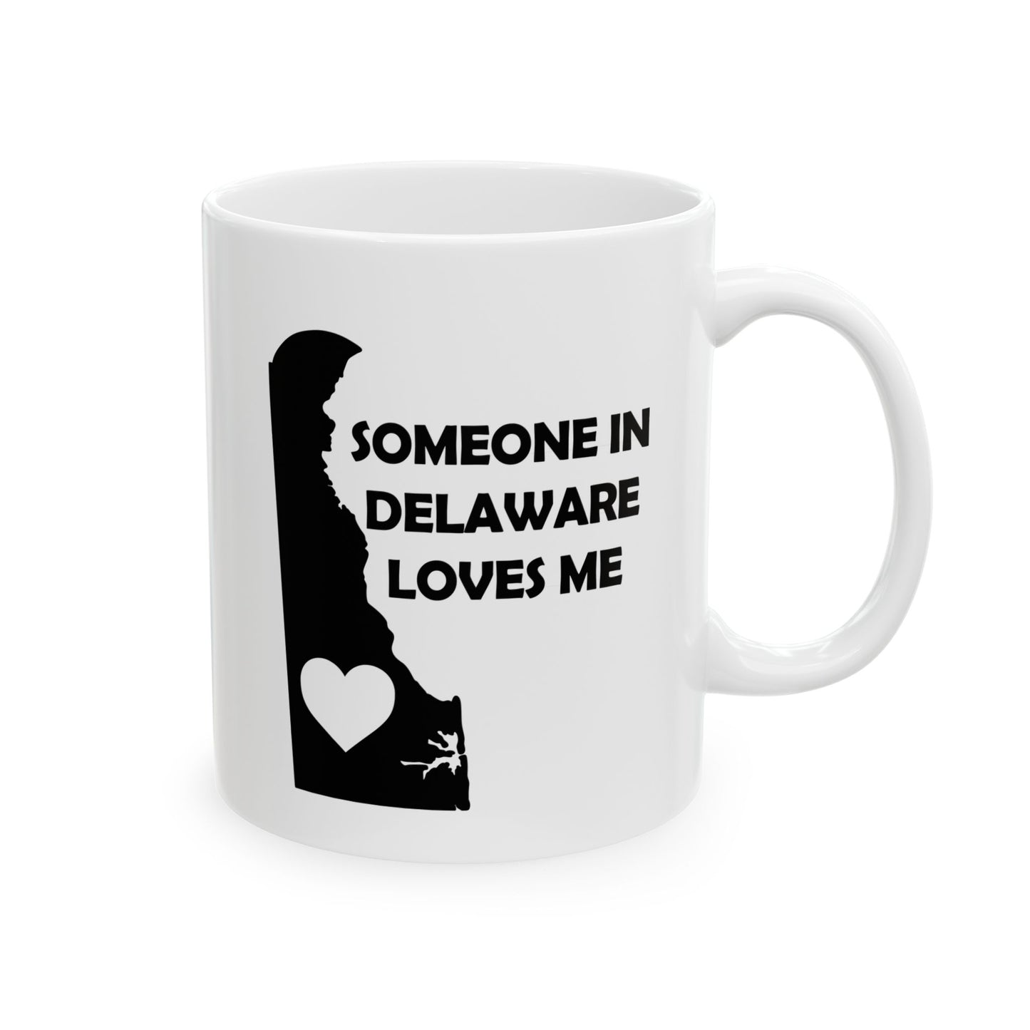 White mug with black silhouette of Delaware and text 'Someone in Delaware loves me' on a white background