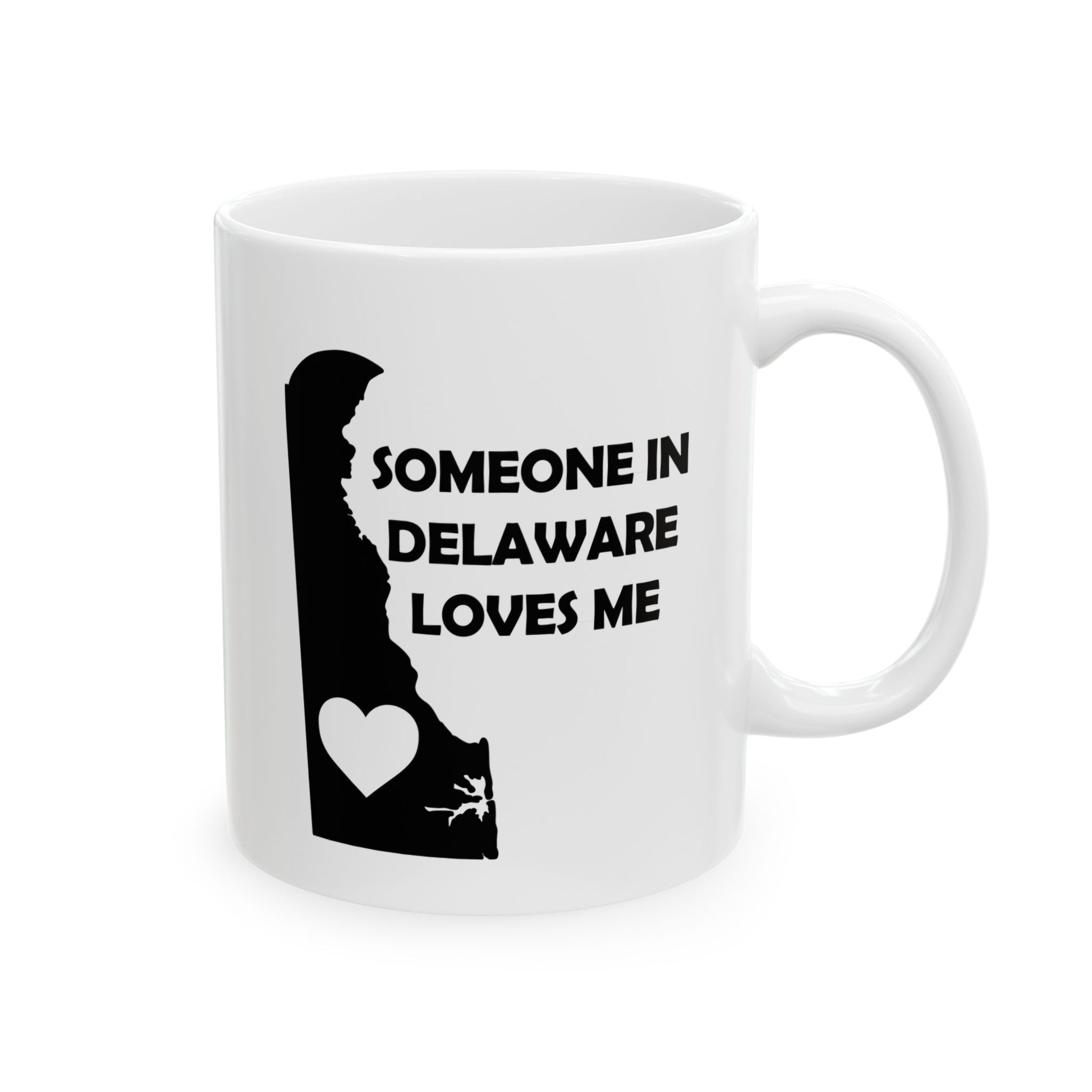 White mug with black silhouette of Delaware and text 'Someone in Delaware loves me' on a white background