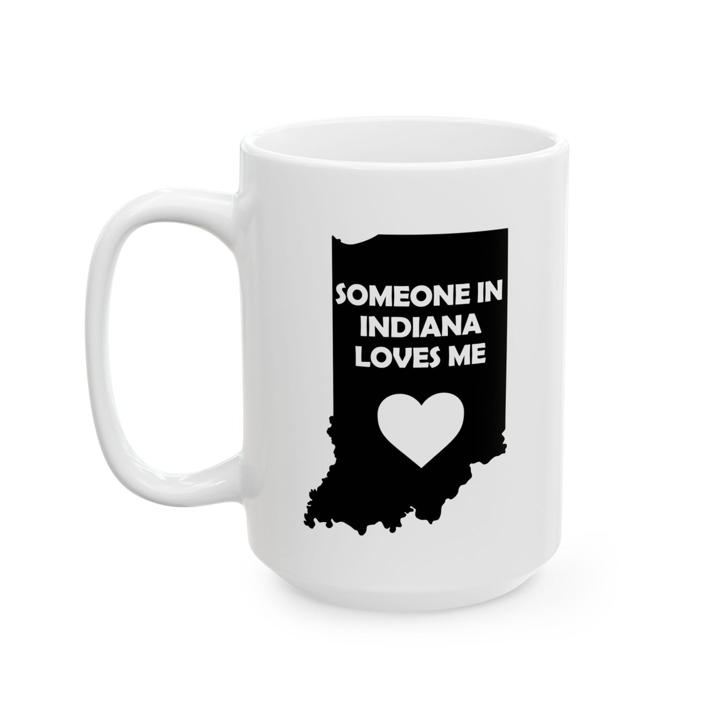White mug with black Indiana outline and heart design on a white background