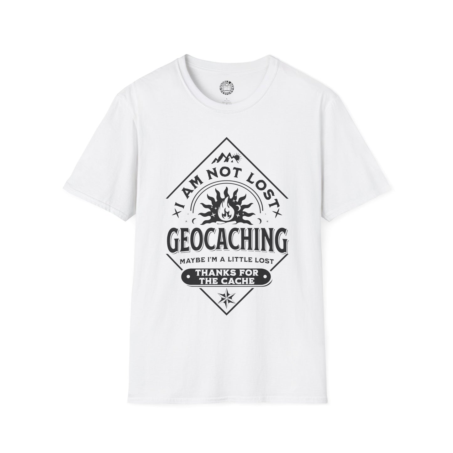 White t-shirt with black geocaching graphic and text on a white background