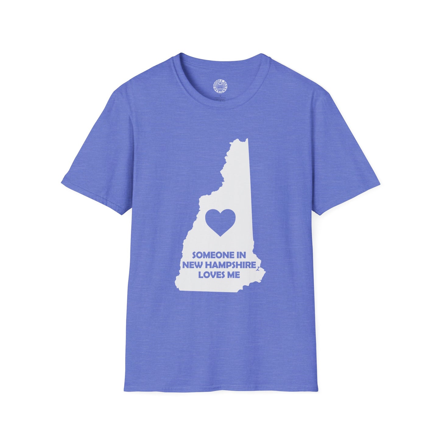 Blue t-shirt with New Hampshire outline and heart graphic on a white background with text  Someone In New Hampshire Loves Me