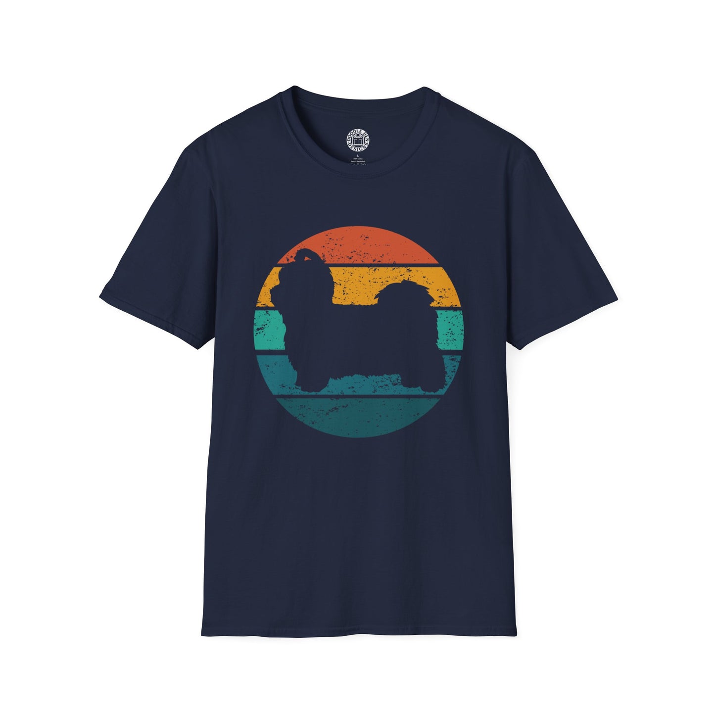 Navy blue t-shirt with a colorful circular design featuring a Shih Tzu dog silhouette on a white background
