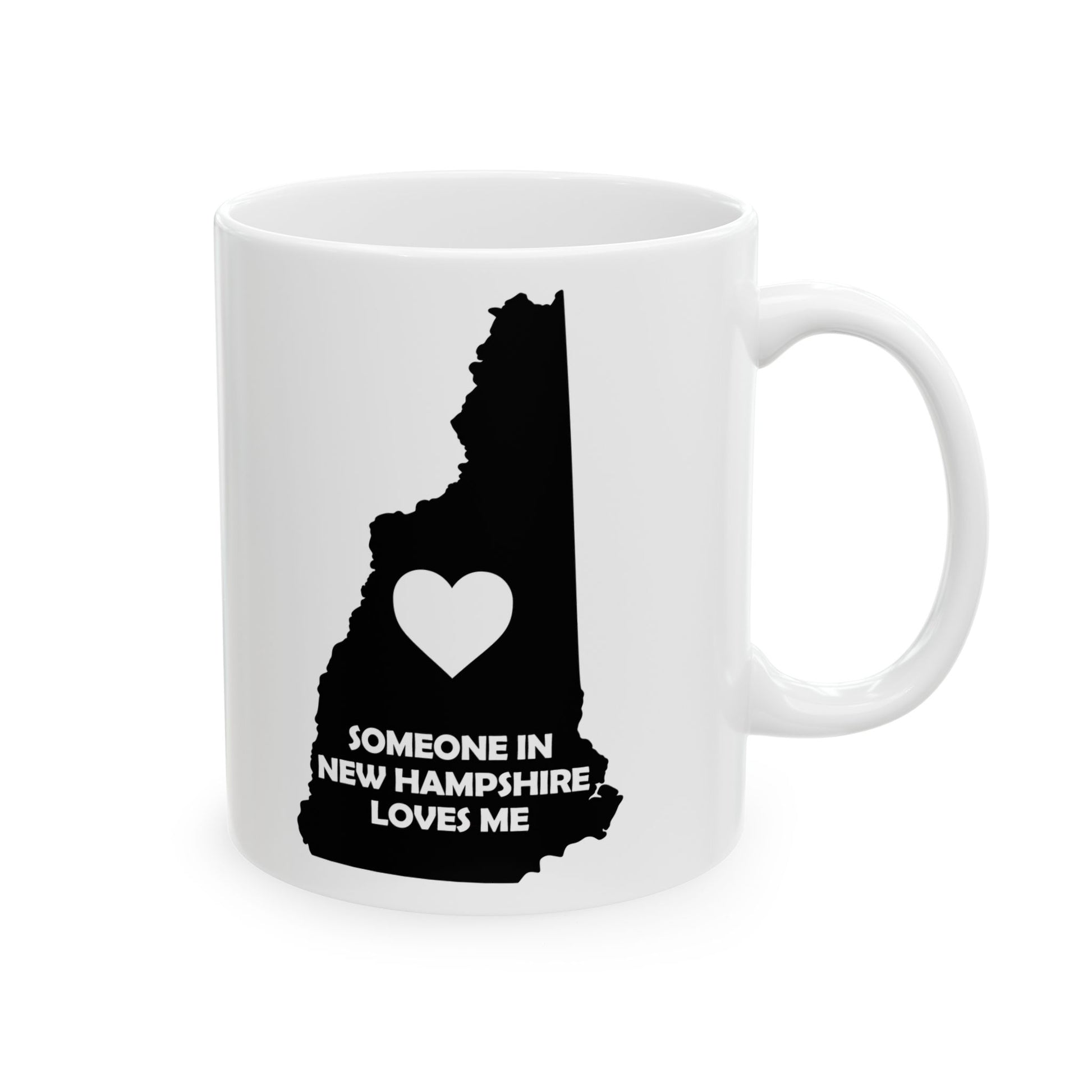 White mug with black silhouette of New Hampshire and heart, text 'Someone in New Hampshire loves me' on a white background