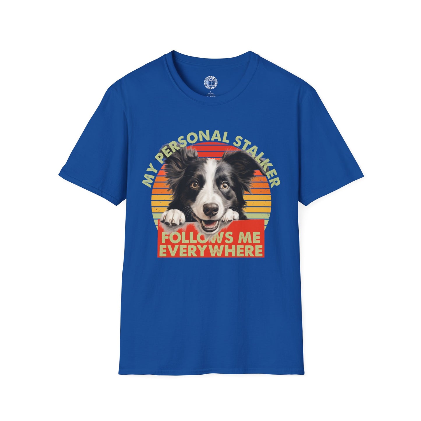Blue t-shirt with a border collie dog graphic and text on a white background
