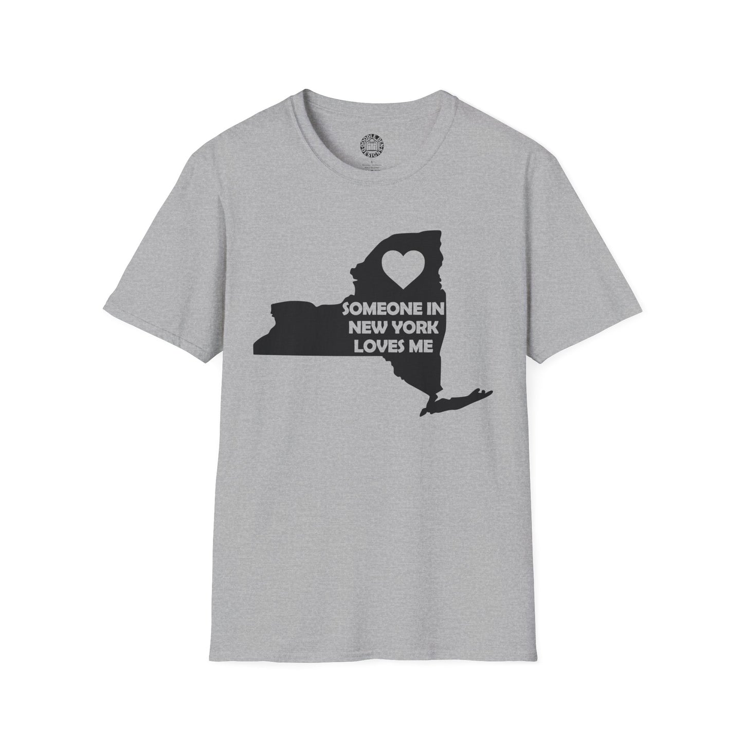 Gray t-shirt with a black graphic of New York state and text 'Someone in New York loves me' on a white background