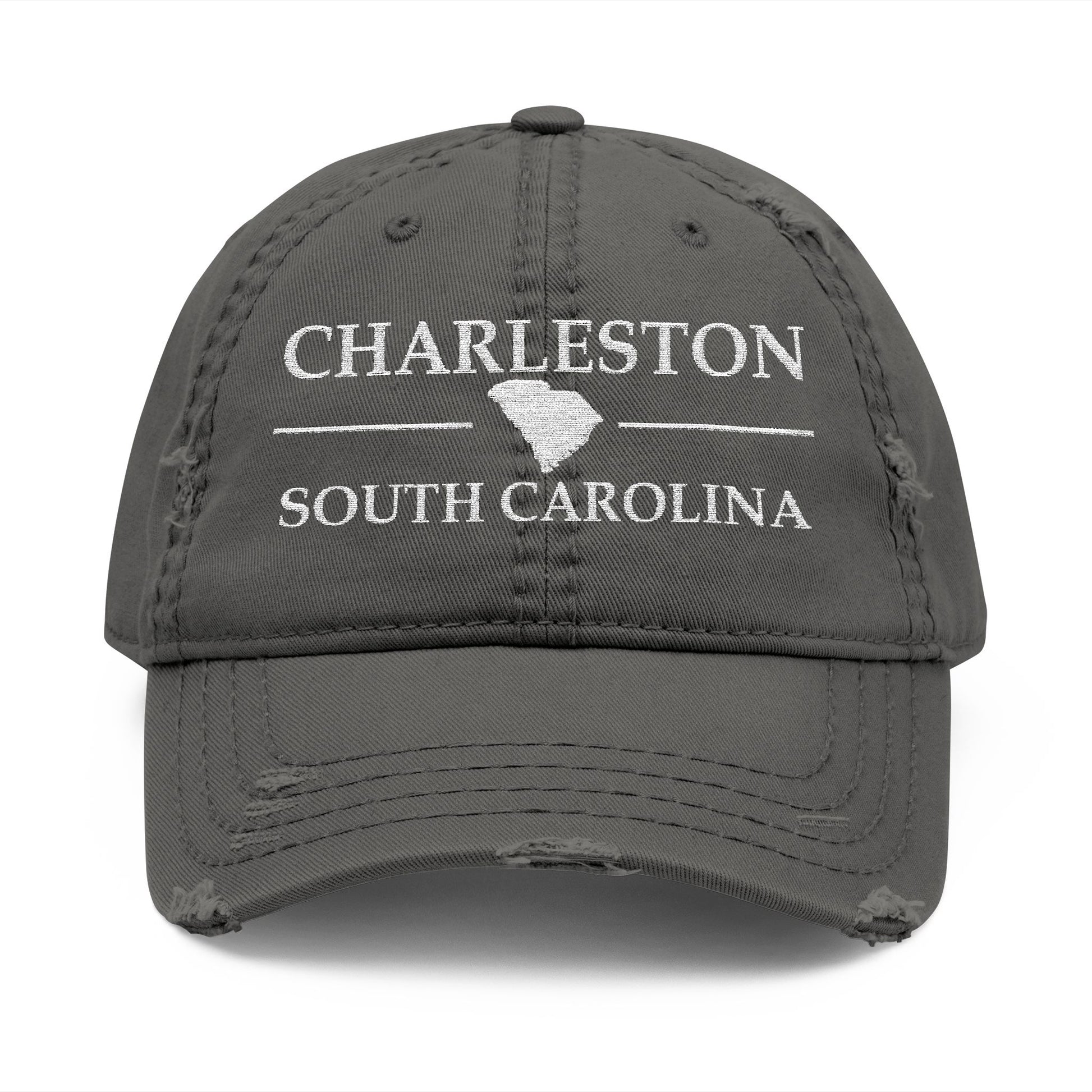 Gray cap with 'Charleston South Carolina' text and state outline  embroidered in white thread