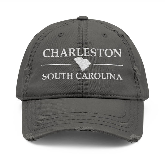 Gray cap with 'Charleston South Carolina' text and state outline  embroidered in white thread