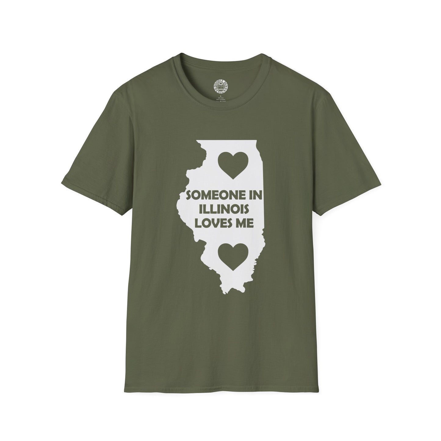 Green t-shirt with a white graphic of Illinois and text 'Someone in Illinois loves me' on a white background