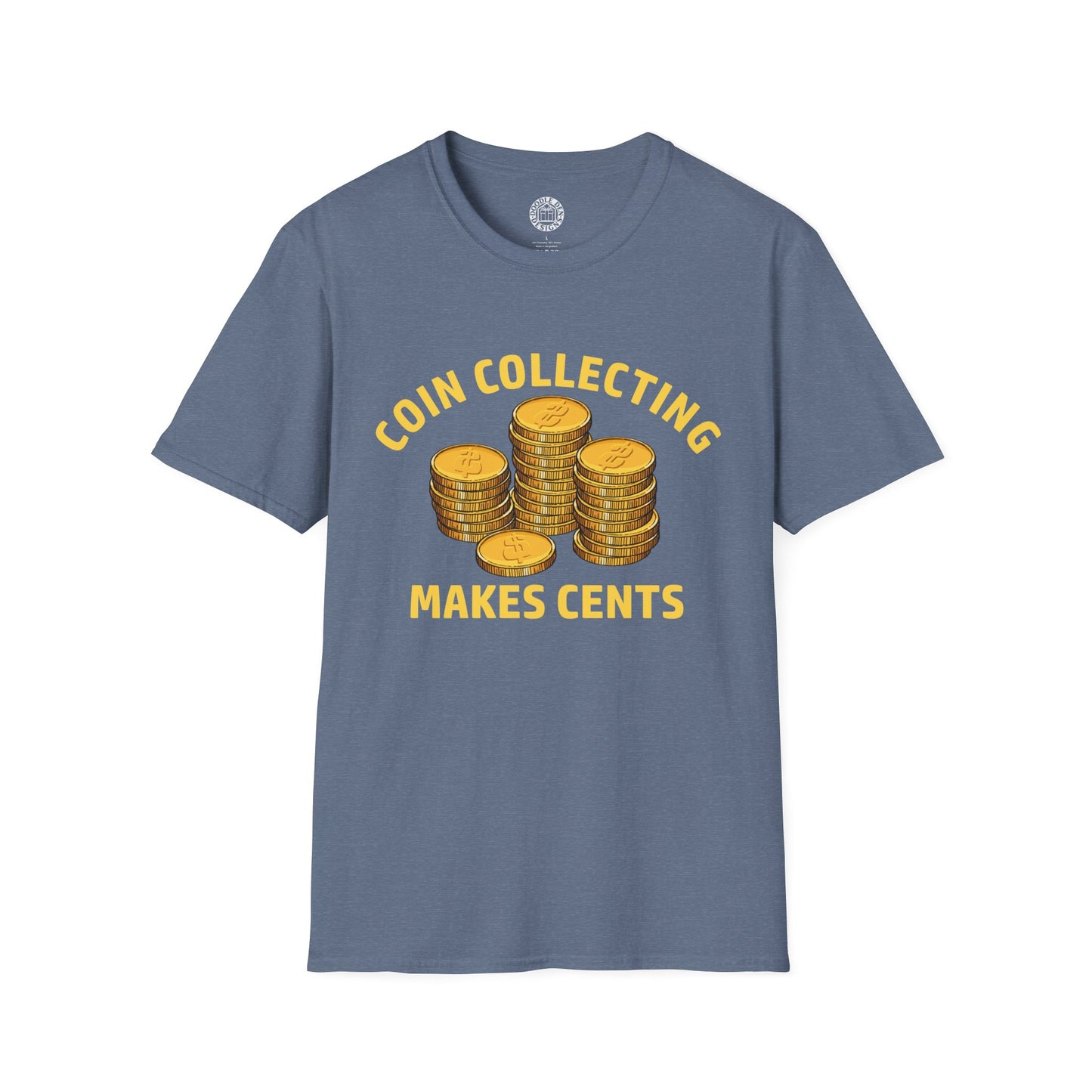 Blue t-shirt with gold coins and text on a white background for Numismatist coin collector