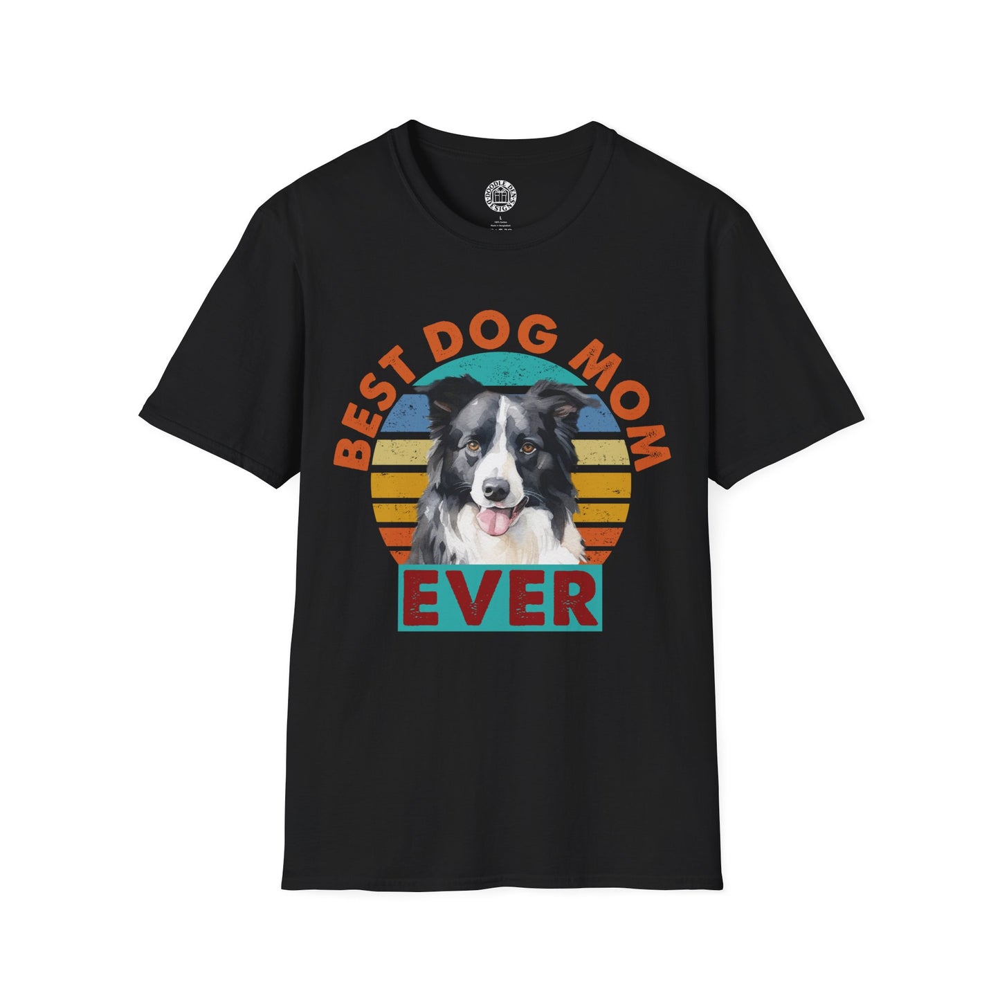 Black t-shirt with a border collie dog graphic and 'Best Dog Mom Ever' text on a white background