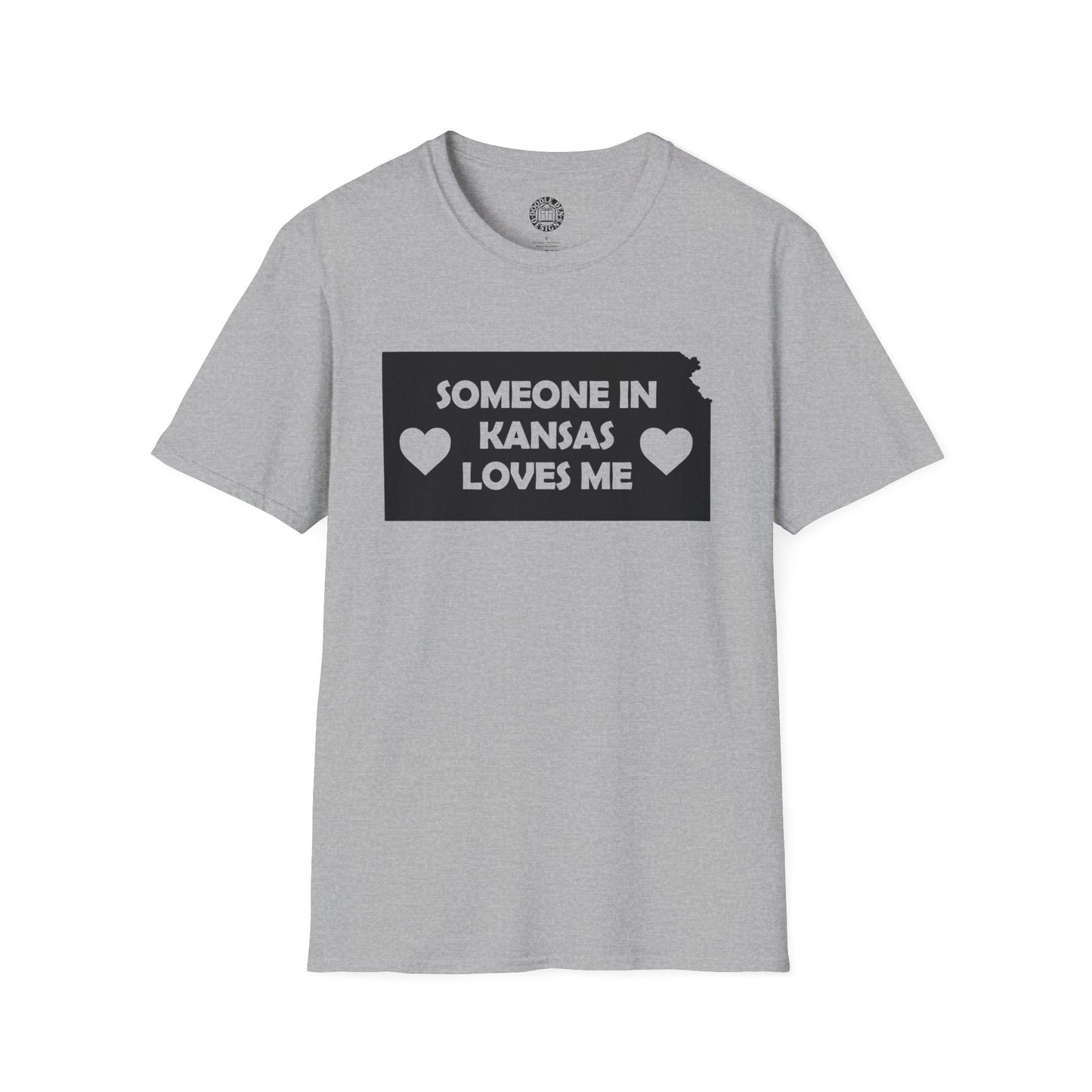 Gray t-shirt with 'Someone in Kansas loves me' text on a white background