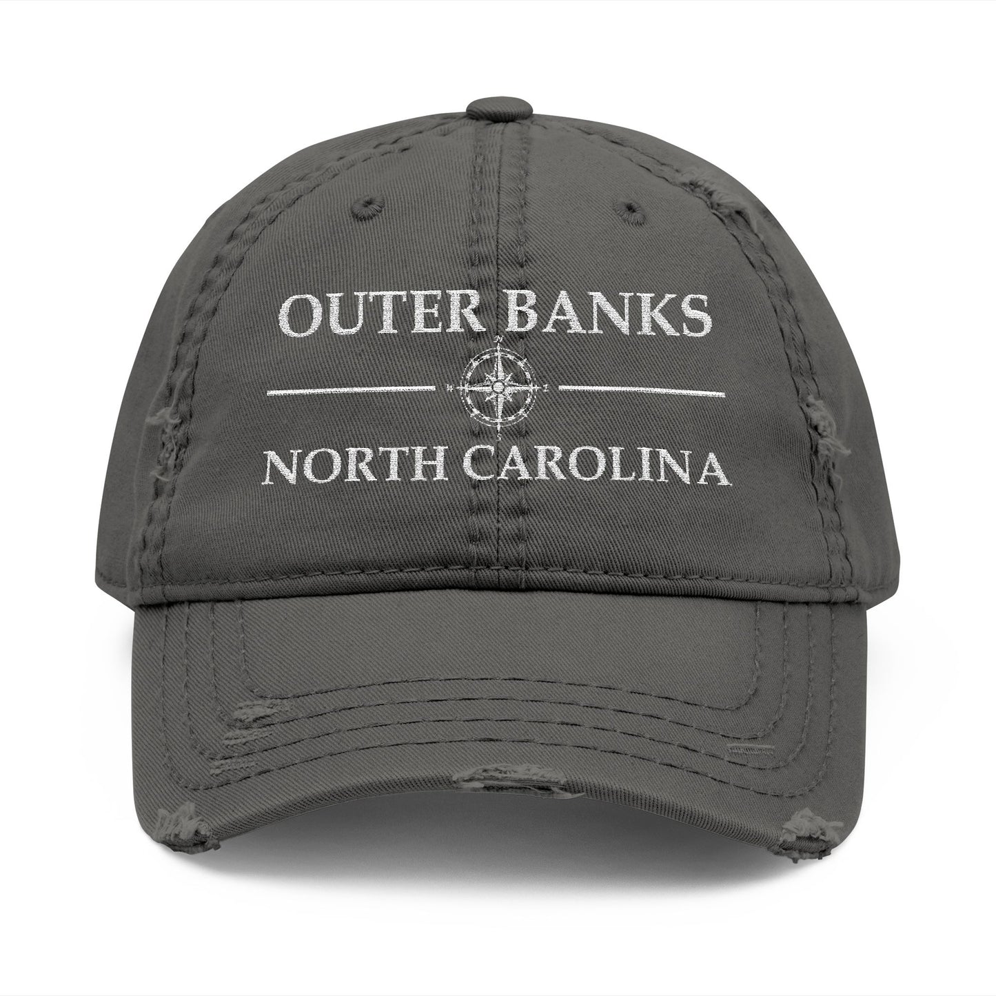 Gray cap with 'Outer Banks, North Carolina' text  embroidered in white thread