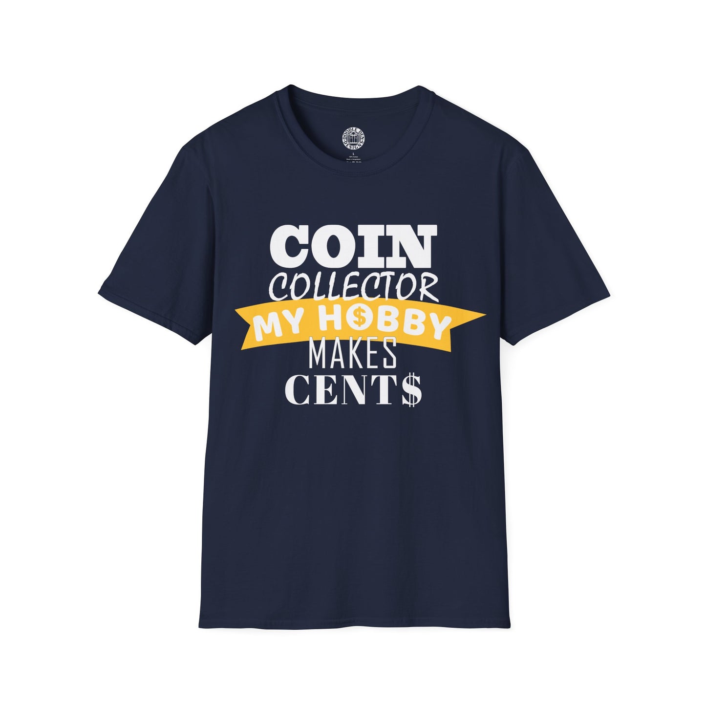 Navy blue t-shirt with text 'Coin Collector My Hobby Makes Cents' on a white background